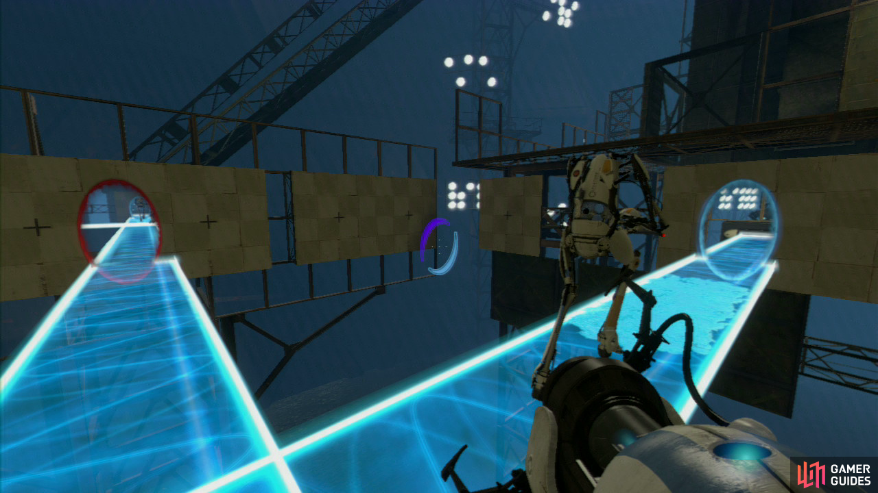 Player 1: Press the red button and – as long as you placed your light bridge correctly – repulsion gel will land on the bridge, allowing you both to jump up to the other side and onto part 2 of the chamber.