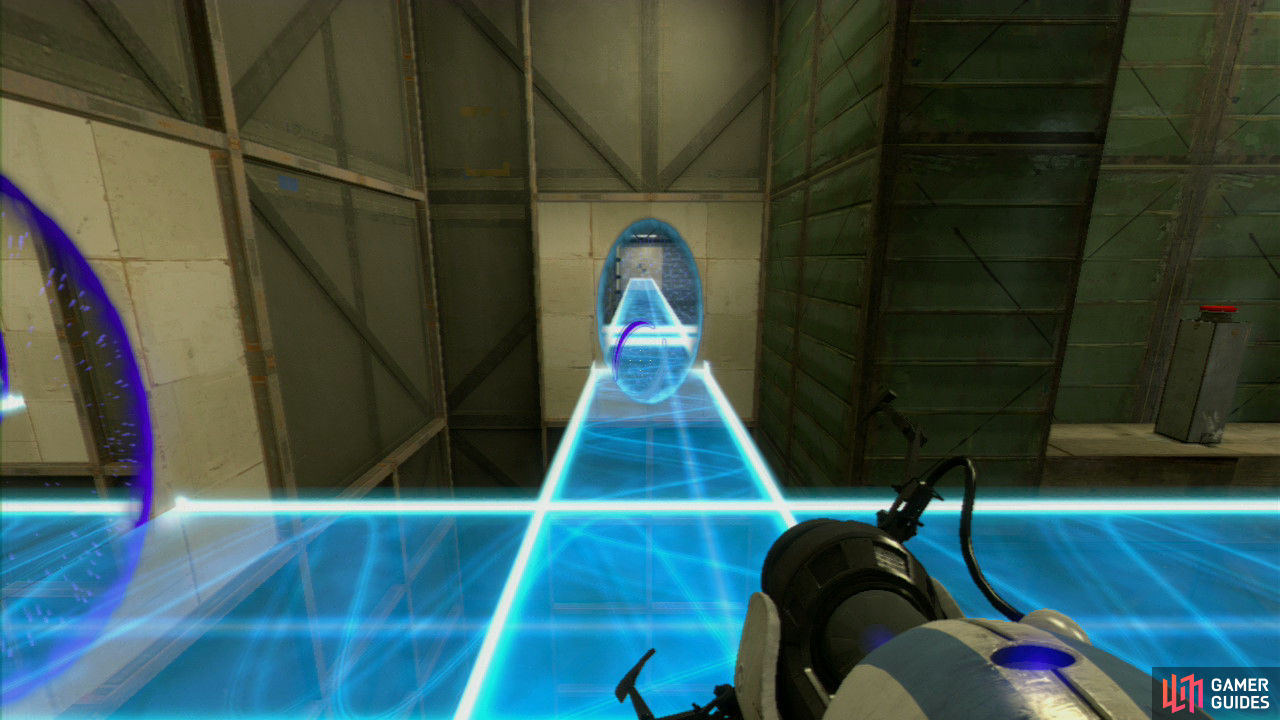 Player 1: Once you're standing on the light bridge, turn left and at the bottom, set a portal on both of the wall panels down here. This'll allow player 2 to traverse to the other side, past the force field. In preparation, stand right beside the red button, getting ready to press it.