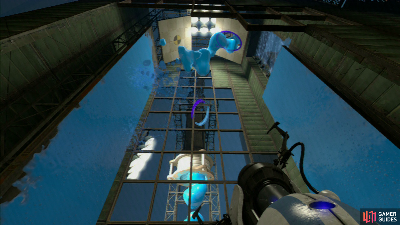 Player 1: Walk down the light bridge, through the force field and when you reach the other side, look for the floor panel just up ahead of where the light bridge finishes (directly under the repulsion gel dispenser).  Set a portal here and then look up directly above you for two slanted wall panels, place a portal on either of the slanted panels and ask player 2 to press the red button. This'll coat the first side of the walls. Now place the portal on the other wall panel and ask player 2 to once again press the button so the next side is fully covered in gel as well.  Like before you need to bounce up the walls – Samus Aran style – until you reach the top. Turn around and peer back down at the floor panel - under the gel dispenser - and get a portal back down here.
