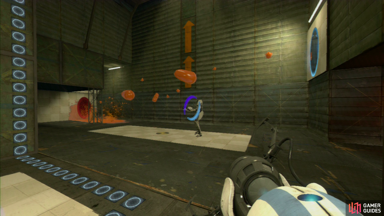 Player 1: Take the right-hand route first and use your portals to get across the gap to the other side. Once you step through the force field, head straight for the red switch and set a portal under the gel dispenser and then turn to your right and look for the panel on the wall near the force field. Set your second portal up here and press the switch to get some gel right into the corner of the room.