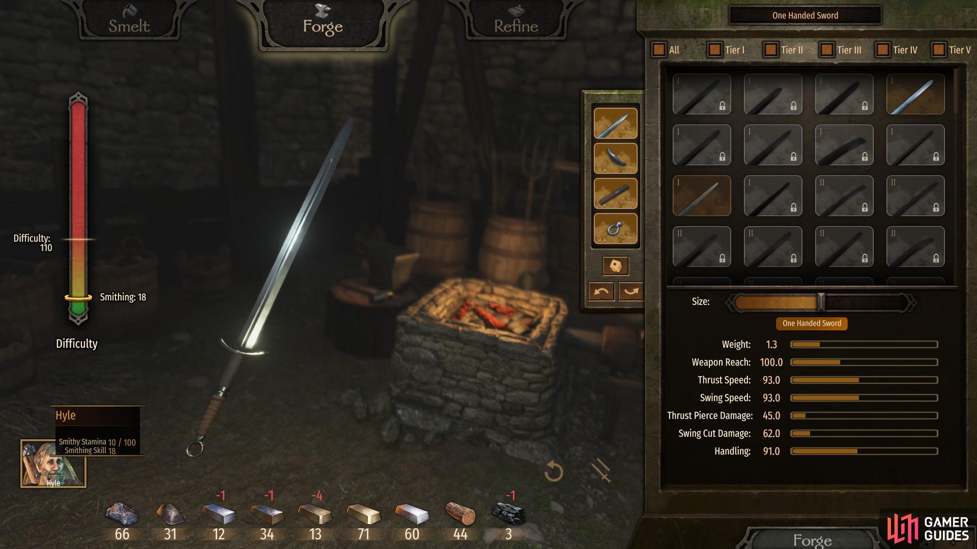 As you forge, you will be limited by the quantity of materials (bottom centre), smithy stamina (bottom left), and available recipes (top right).