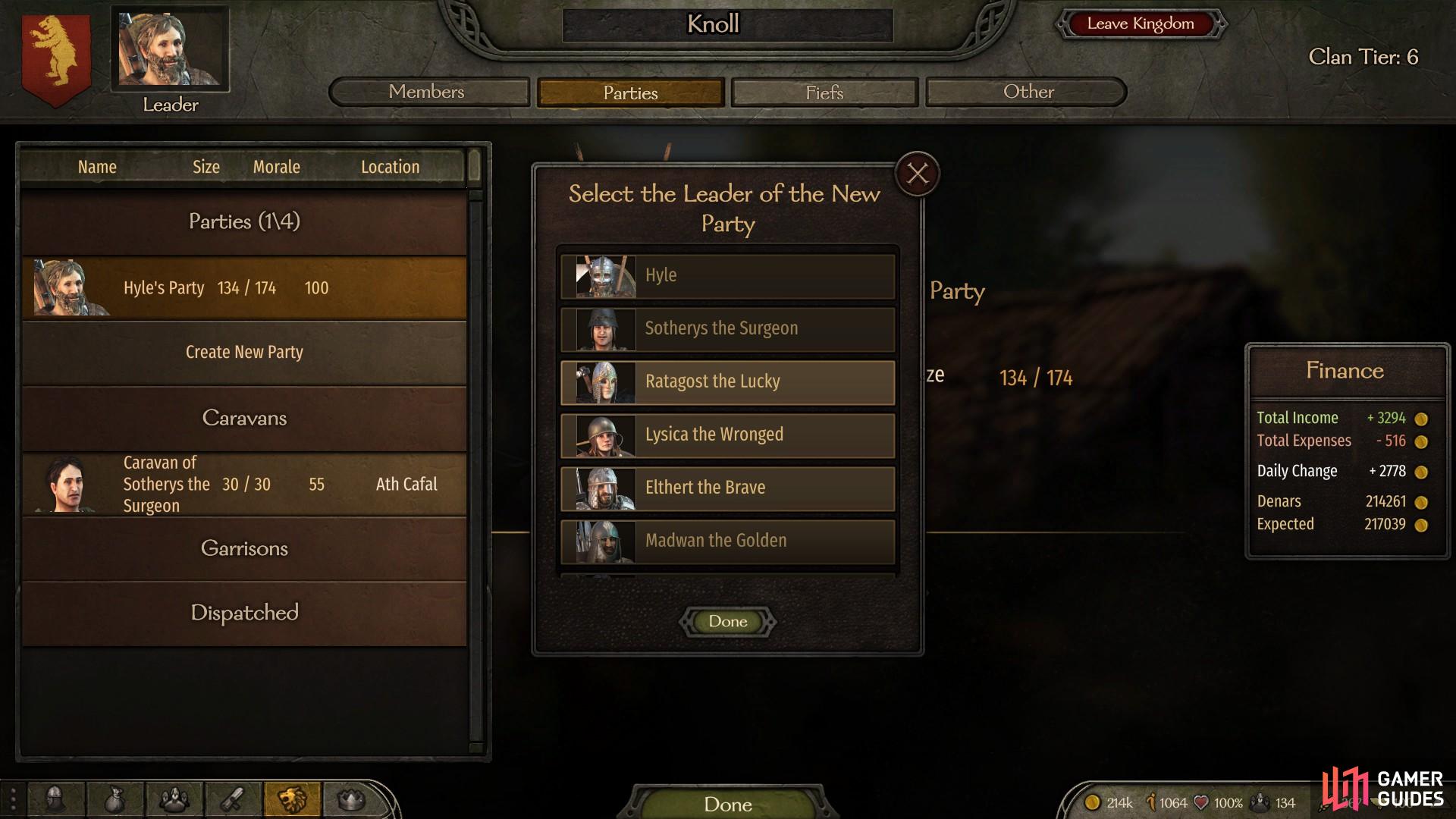 Select the 'Parties' tab in your clan menu to choose a companion that will lead a new party.
