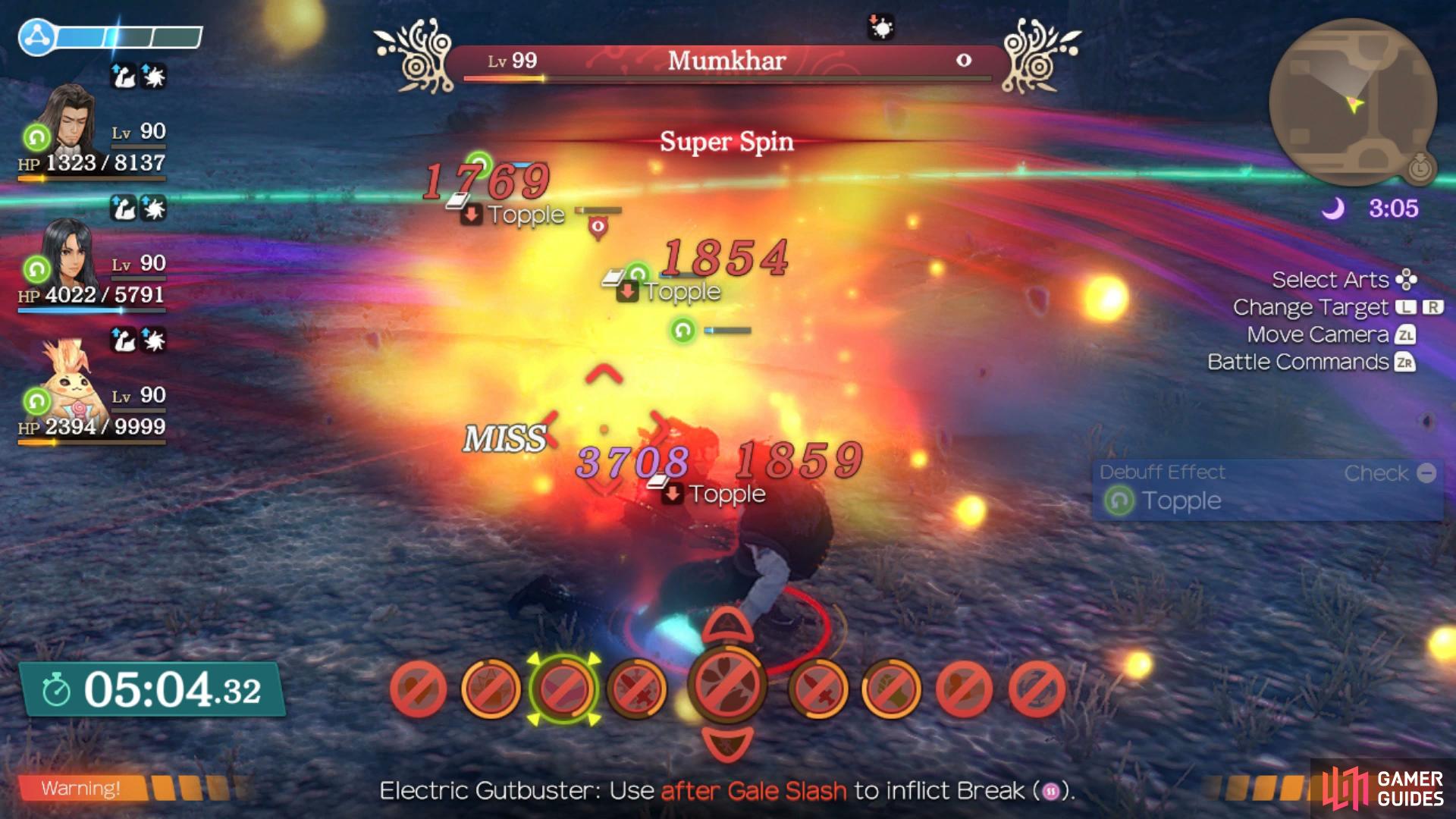 like his Mechon form, Mumkhar has many abilities that can Topple or Daze, extending the time it takes to clear the battle.