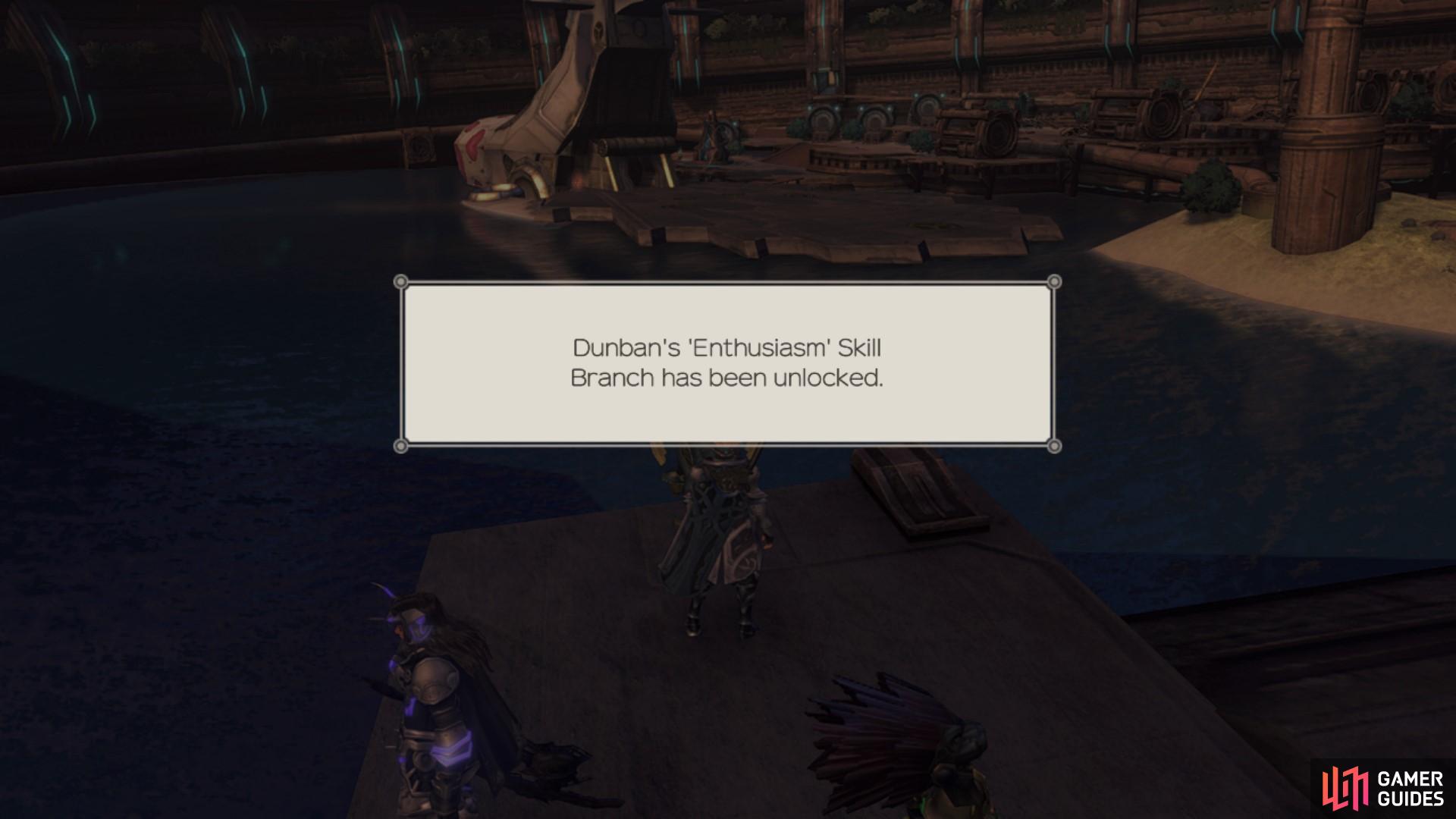 Completing the quest unlocks Dunban's fifth skill branch, Enthusiasm.