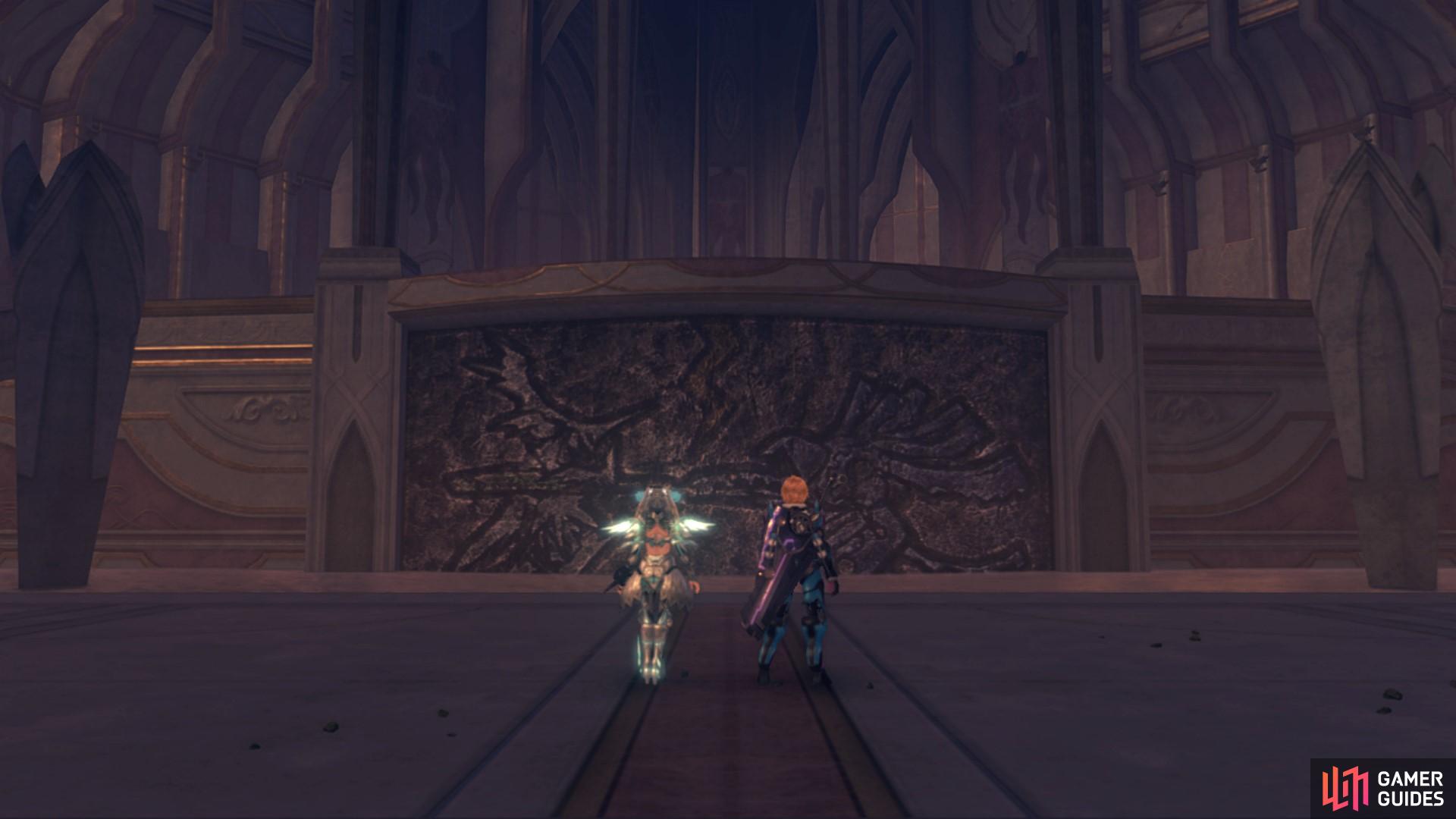 Melia and Shulk discuss the future of Alcamoth in the Ascension Hall. 