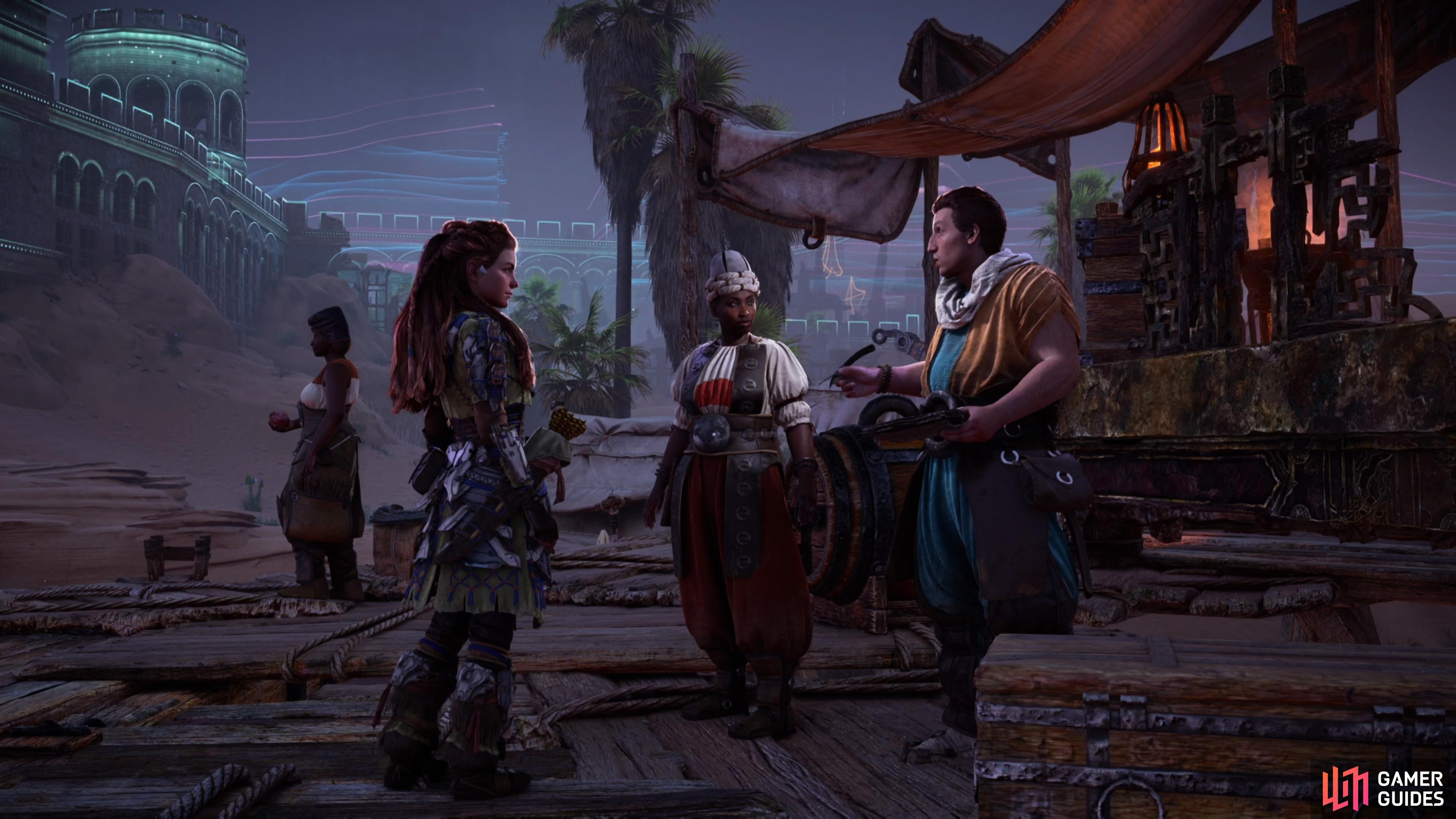 Aloy speaks with Delah and Abadund for the first time.