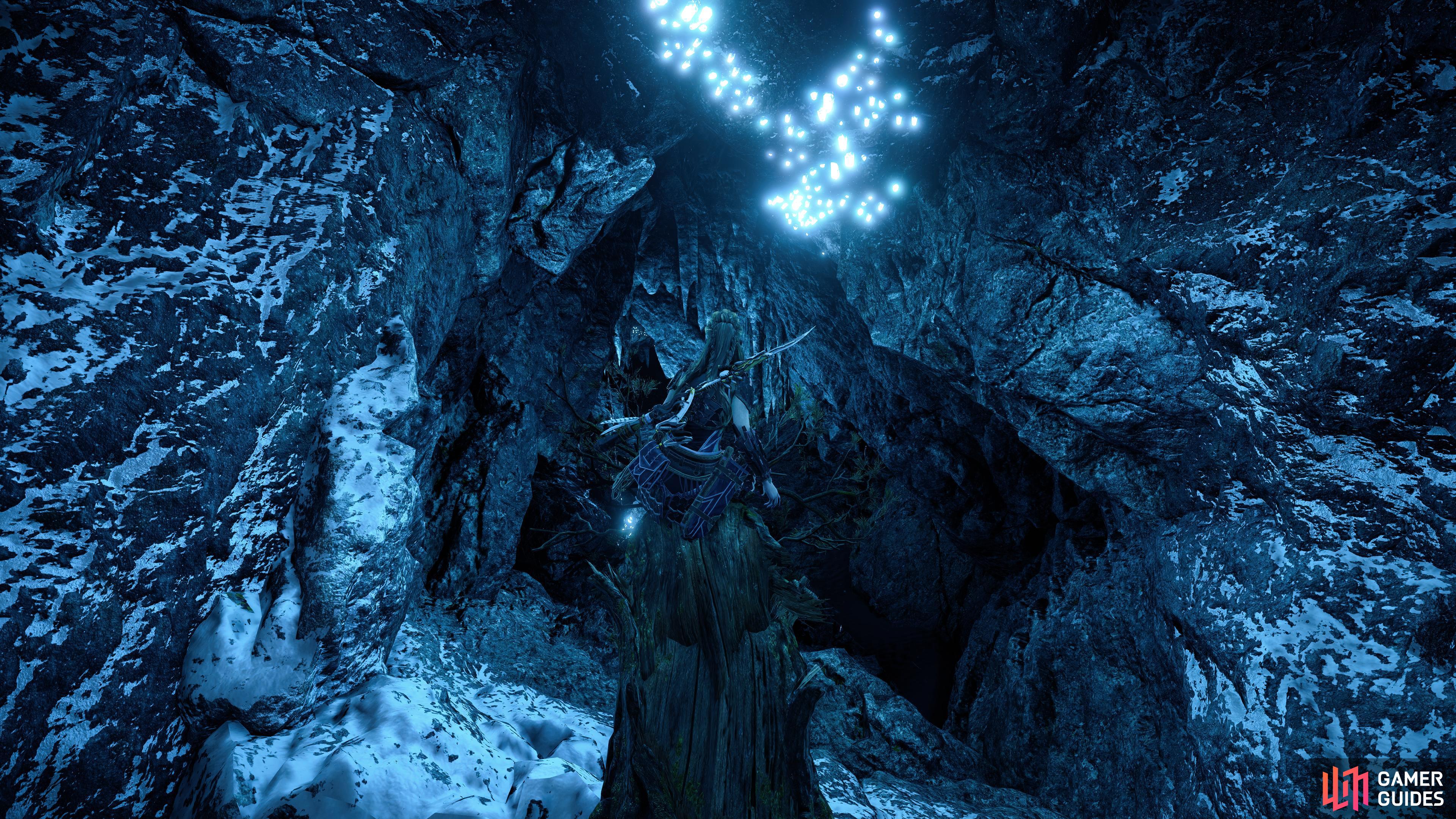 Aloy inspects the cave. 