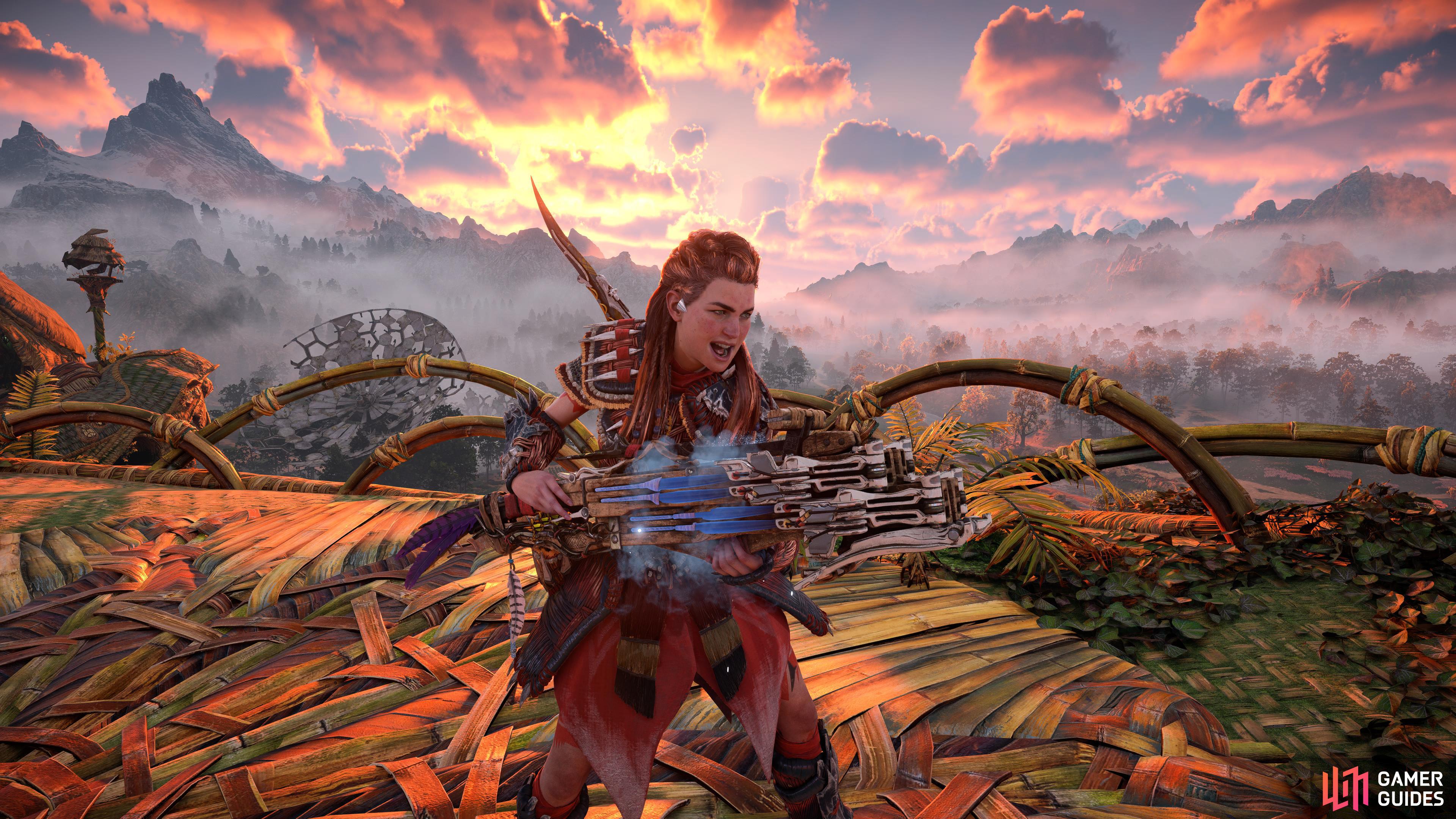 Aloy tries out her new Icestorm Boltblaster. 