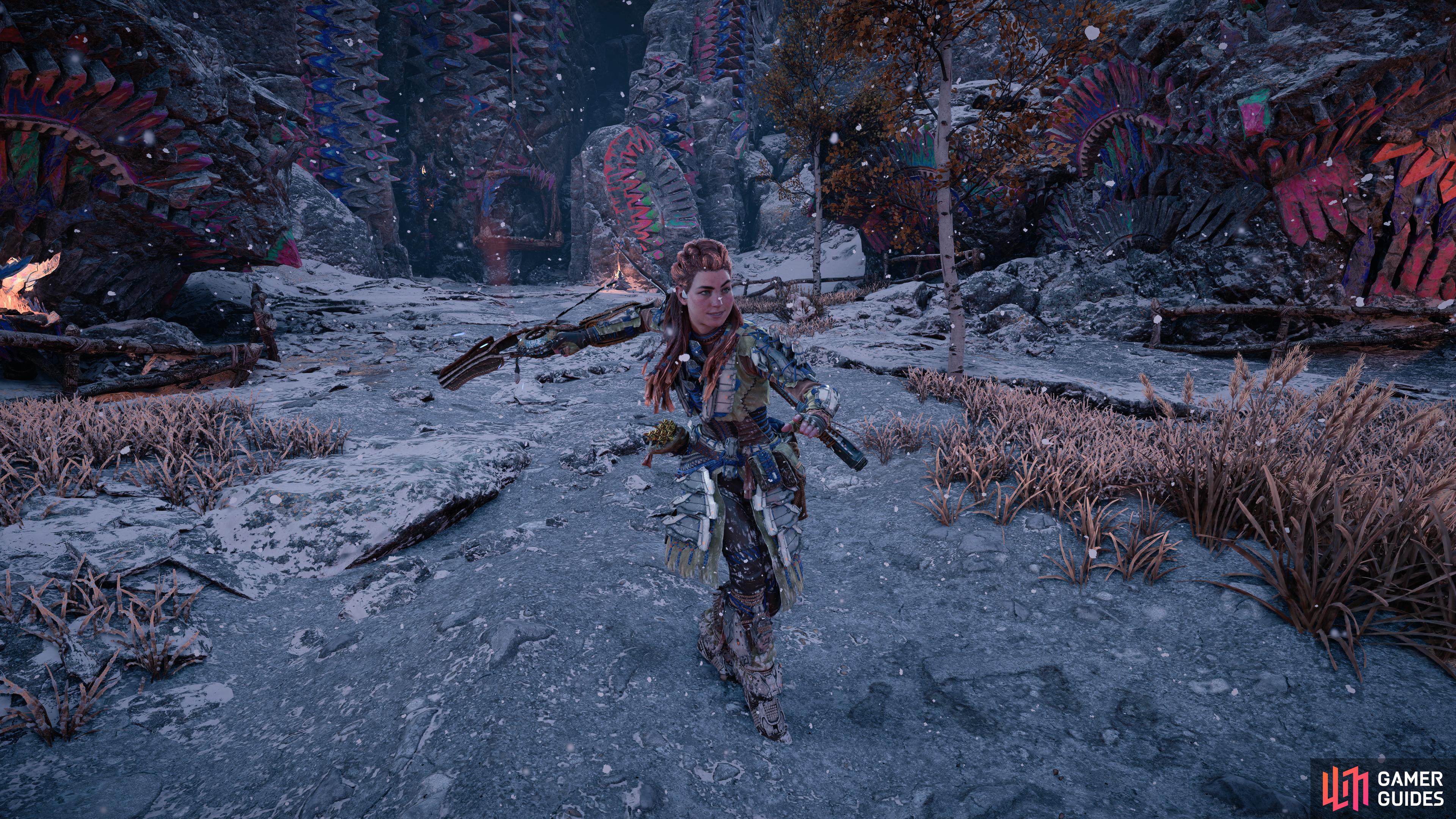 Aloy tests out her new Ironeater Shredder Gauntlet.