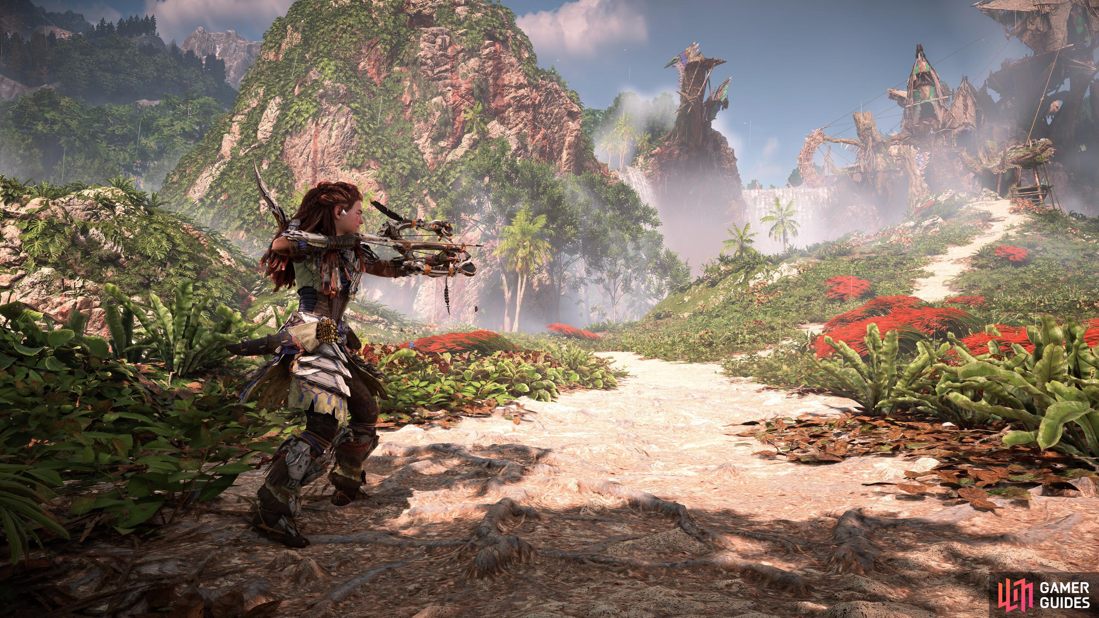 Aloy tests out her new Melee Warrior Bow .