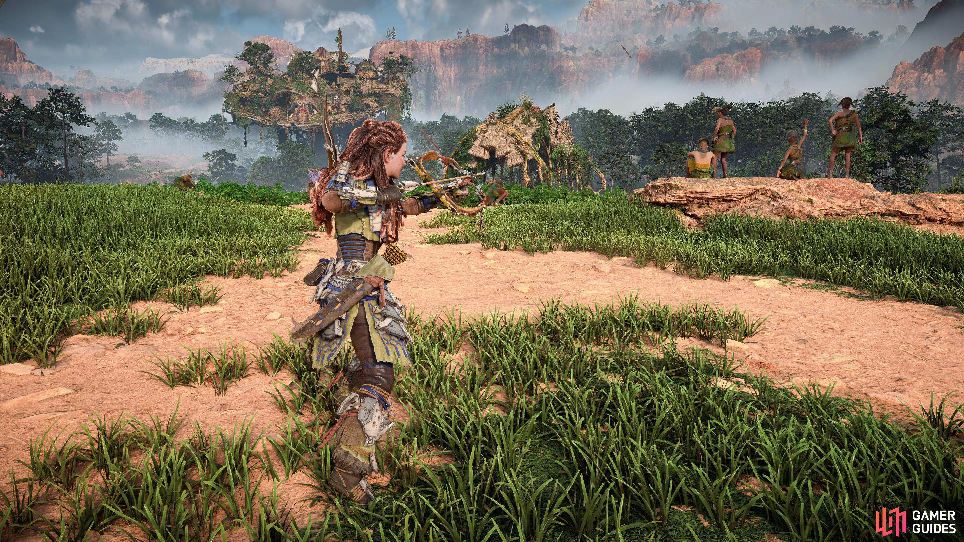 Aloy tests out her new Shearing Warrior Bow.