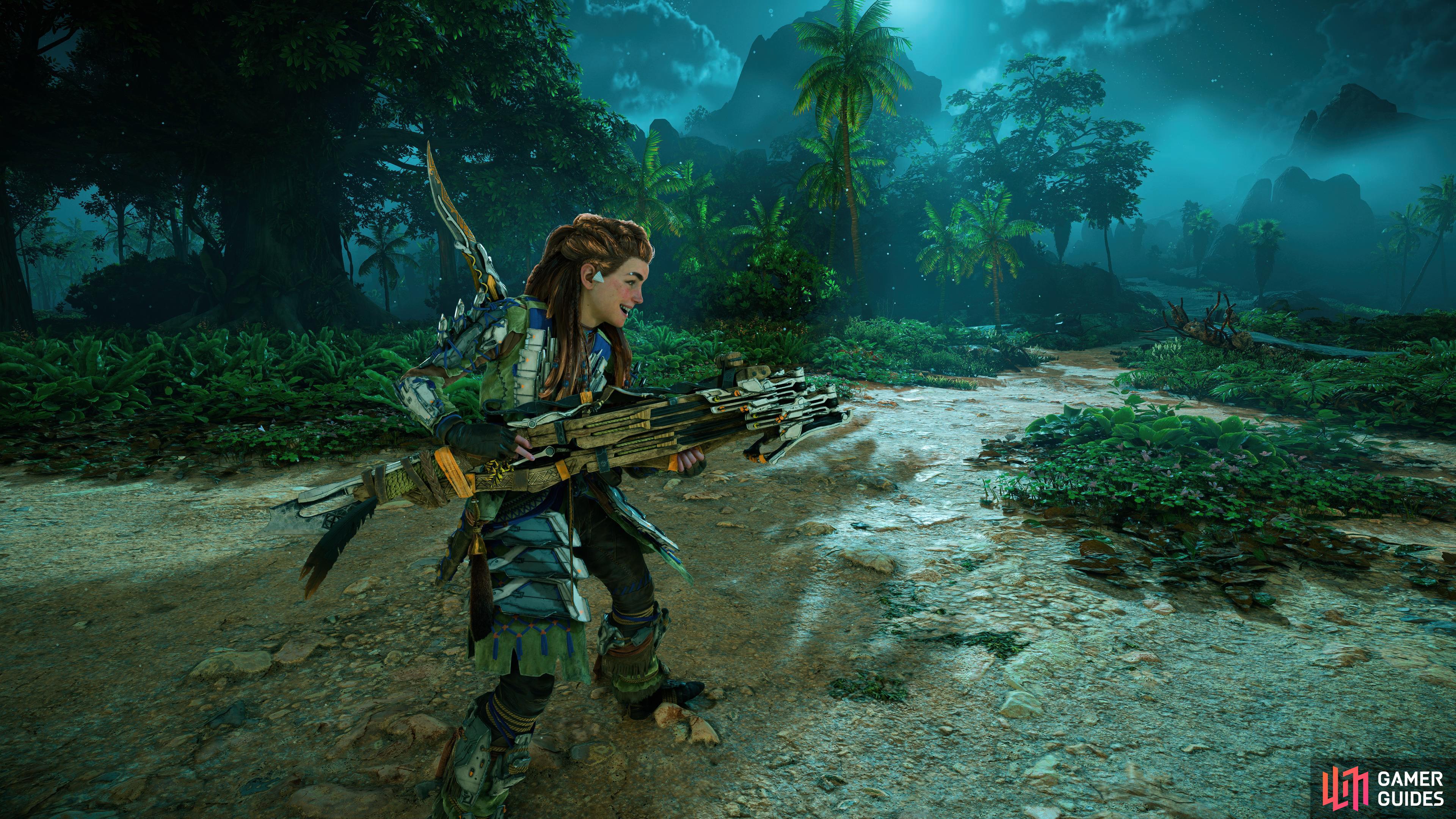 Aloy tries out her new Blast Forge Boltblaster.