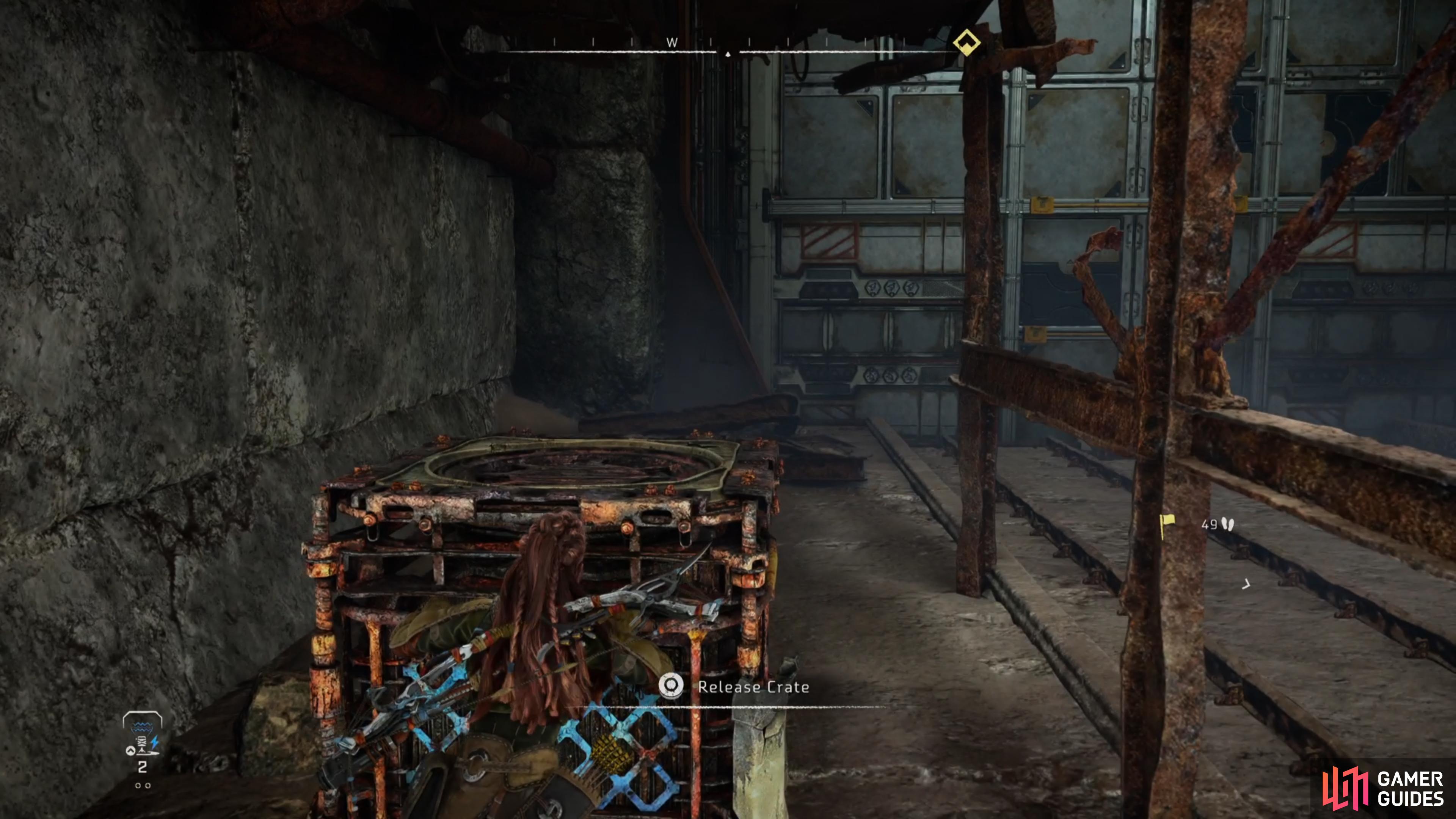 then push it over to the end of the path and climb up to open the blast door. 