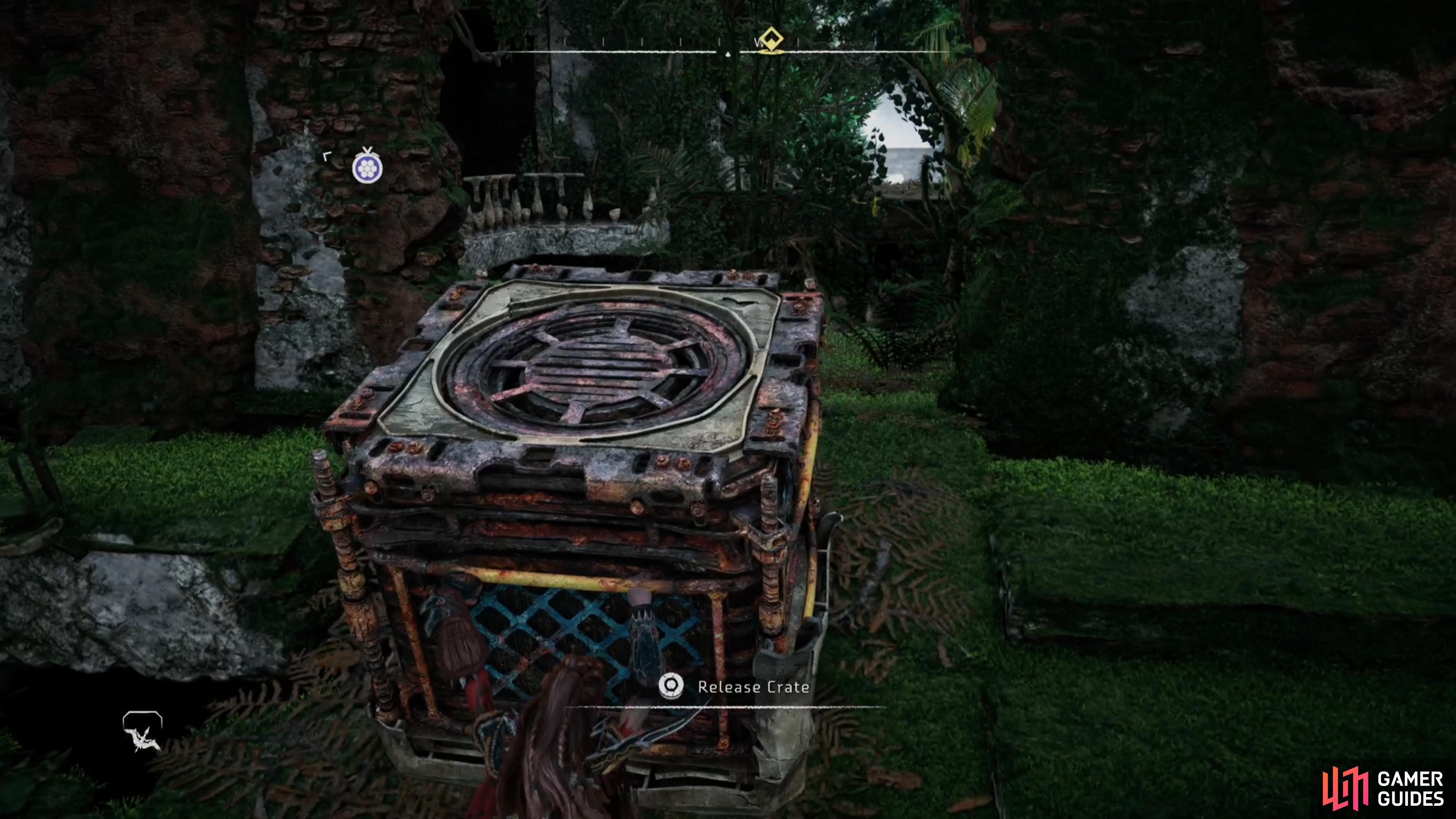 Push the crate through the hole and call the elevator down, then place it inside the elevator.