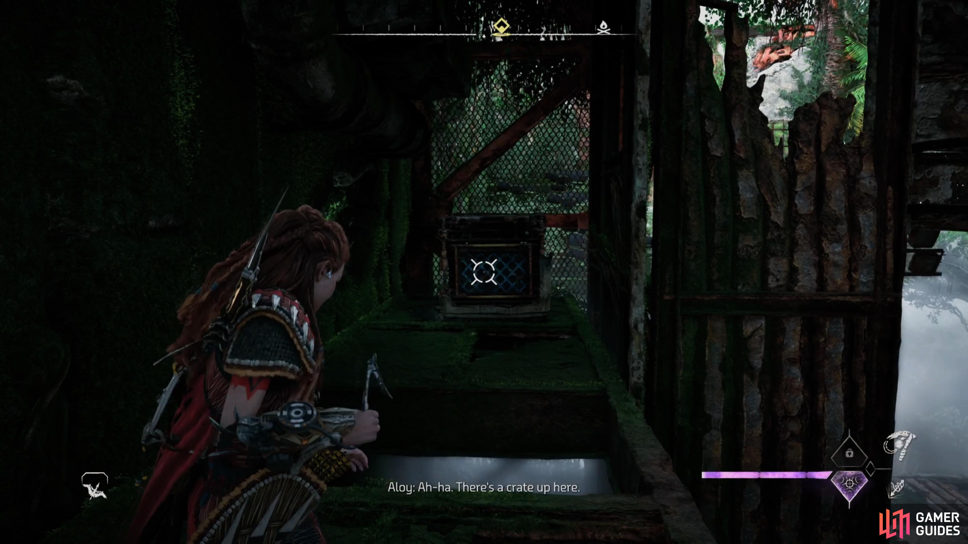 Use your Pullcaster on the crate, so it falls down