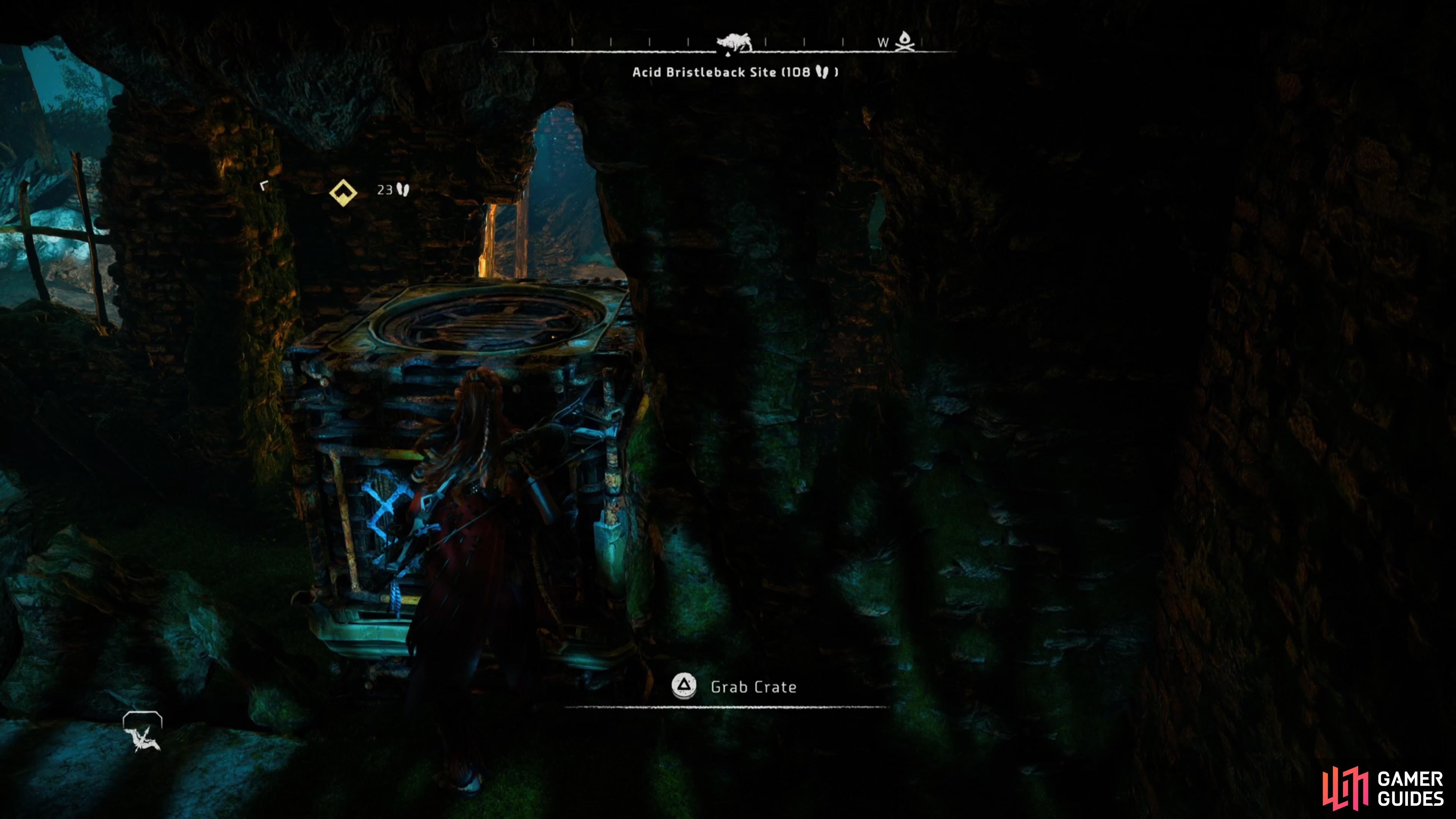 Break the wall down in the locked room and drag the top crate through, then push it up the slope. 