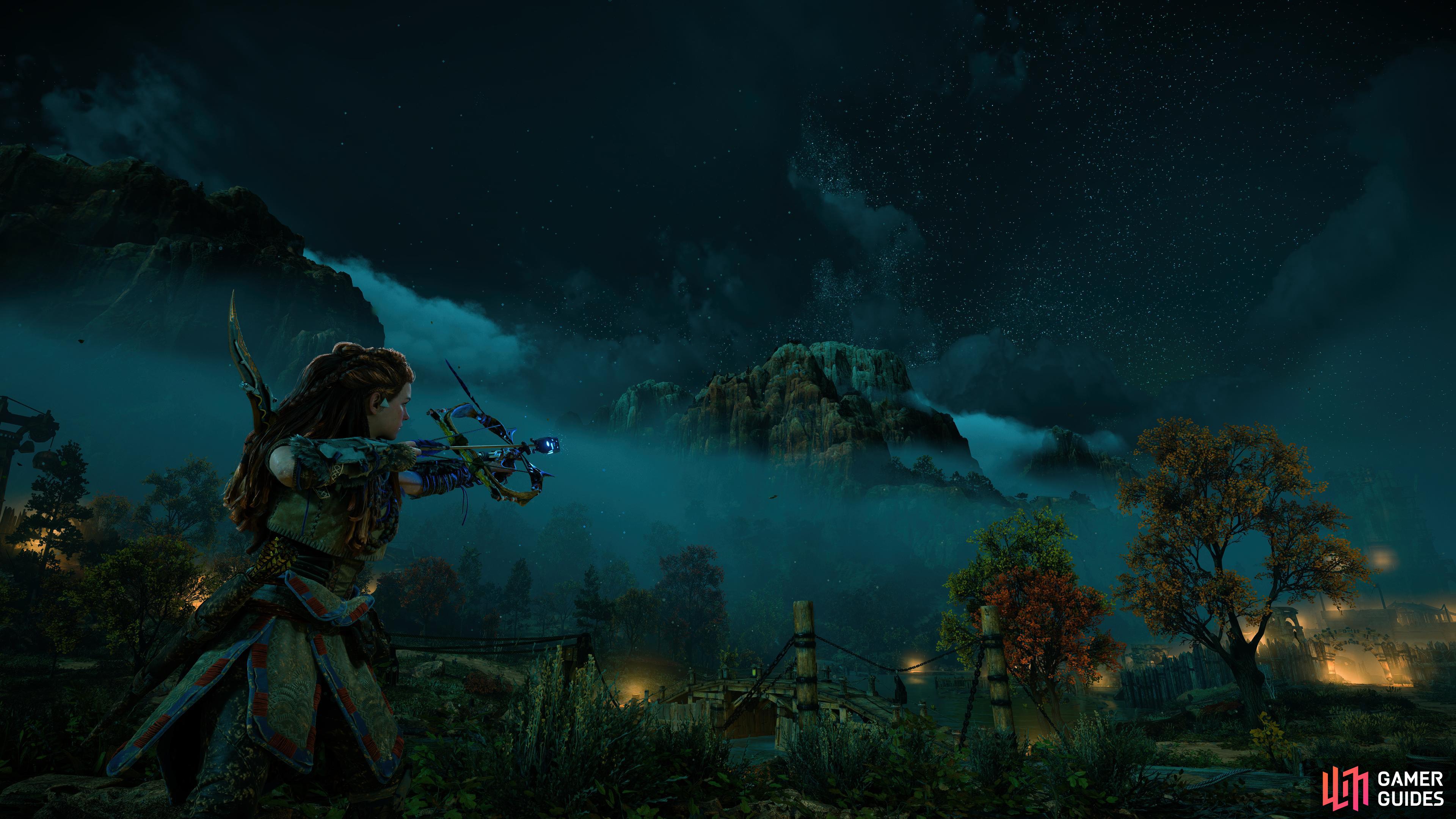 Aloy trying out her new Shock Warrior Bow.