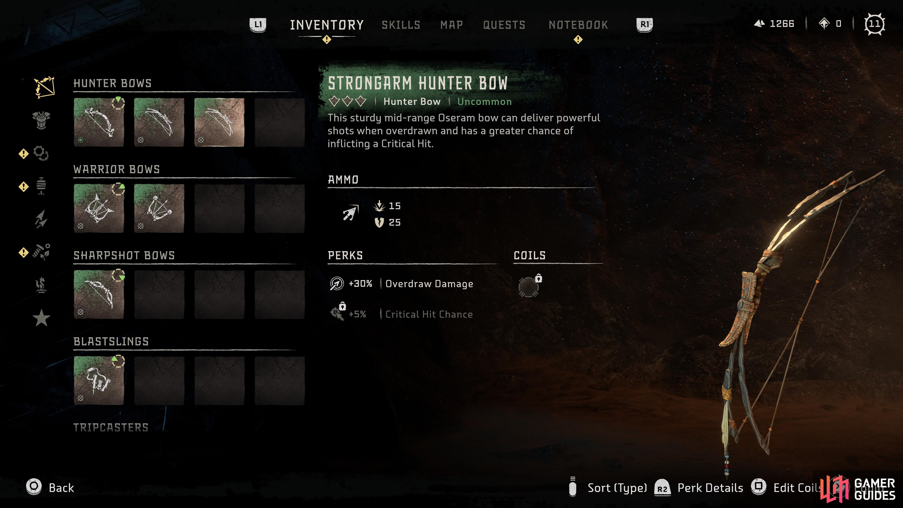 The Strongarm Hunter Bow has two perks, one is unlocke at Rank 1, and the second at Rank 2 upgrade.