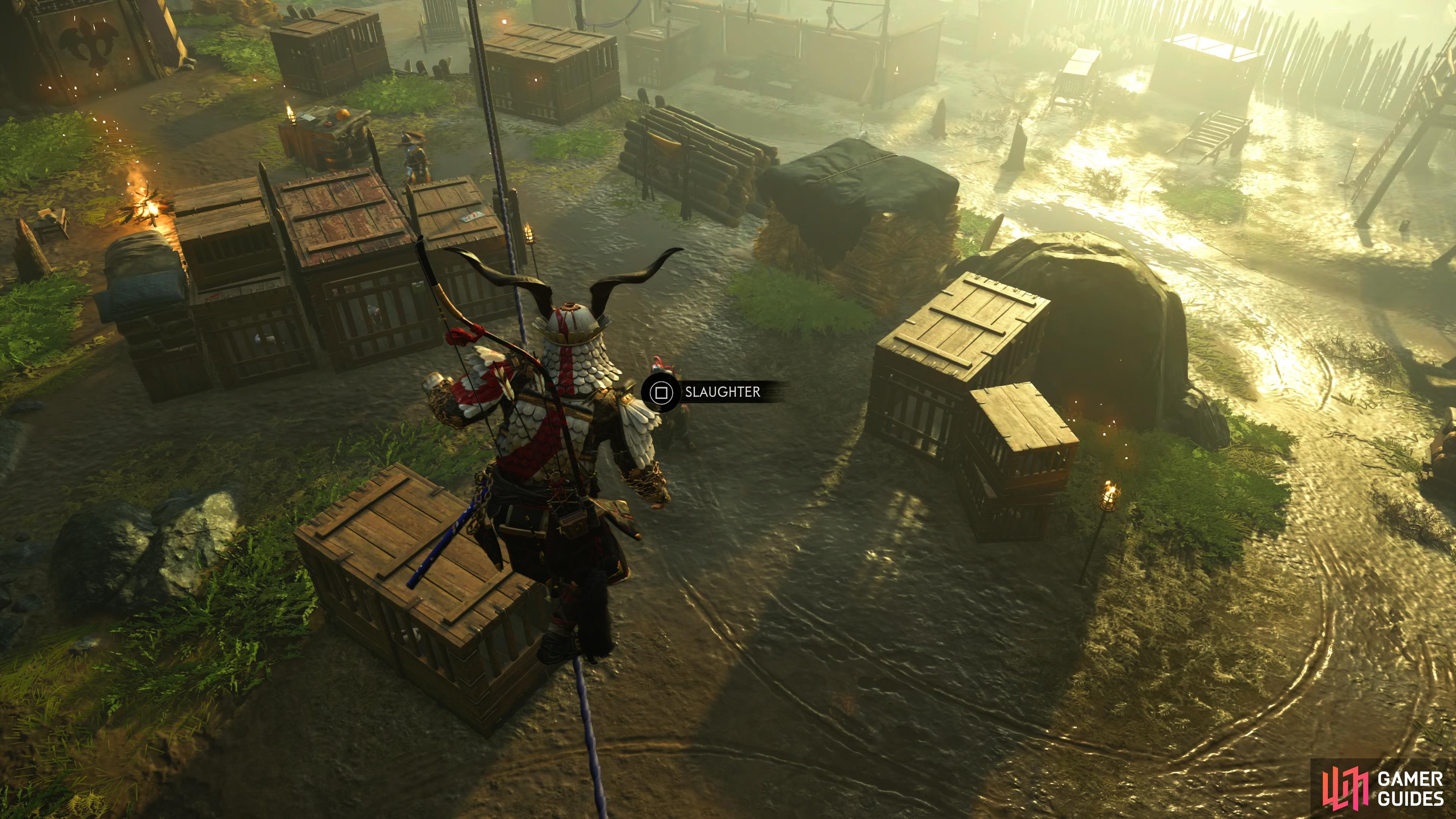 use the rope to slaughter him from above