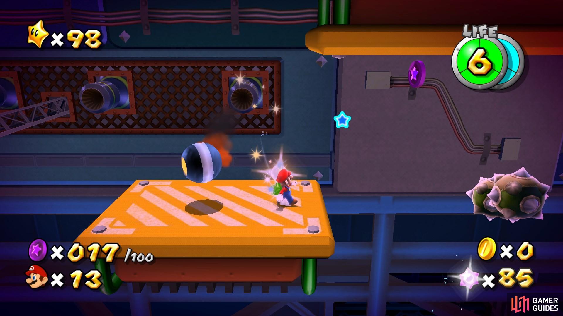 After grabbing the first 17 Purple Coins, you'll need to jump up onto an upside down platform.