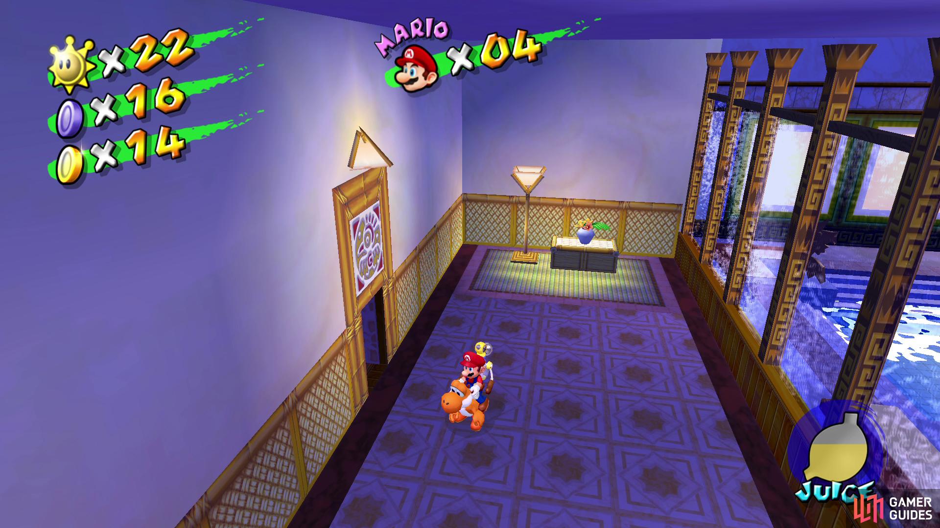 ride Yoshi to the top and enter this bedroom, jumping on the bed in the process