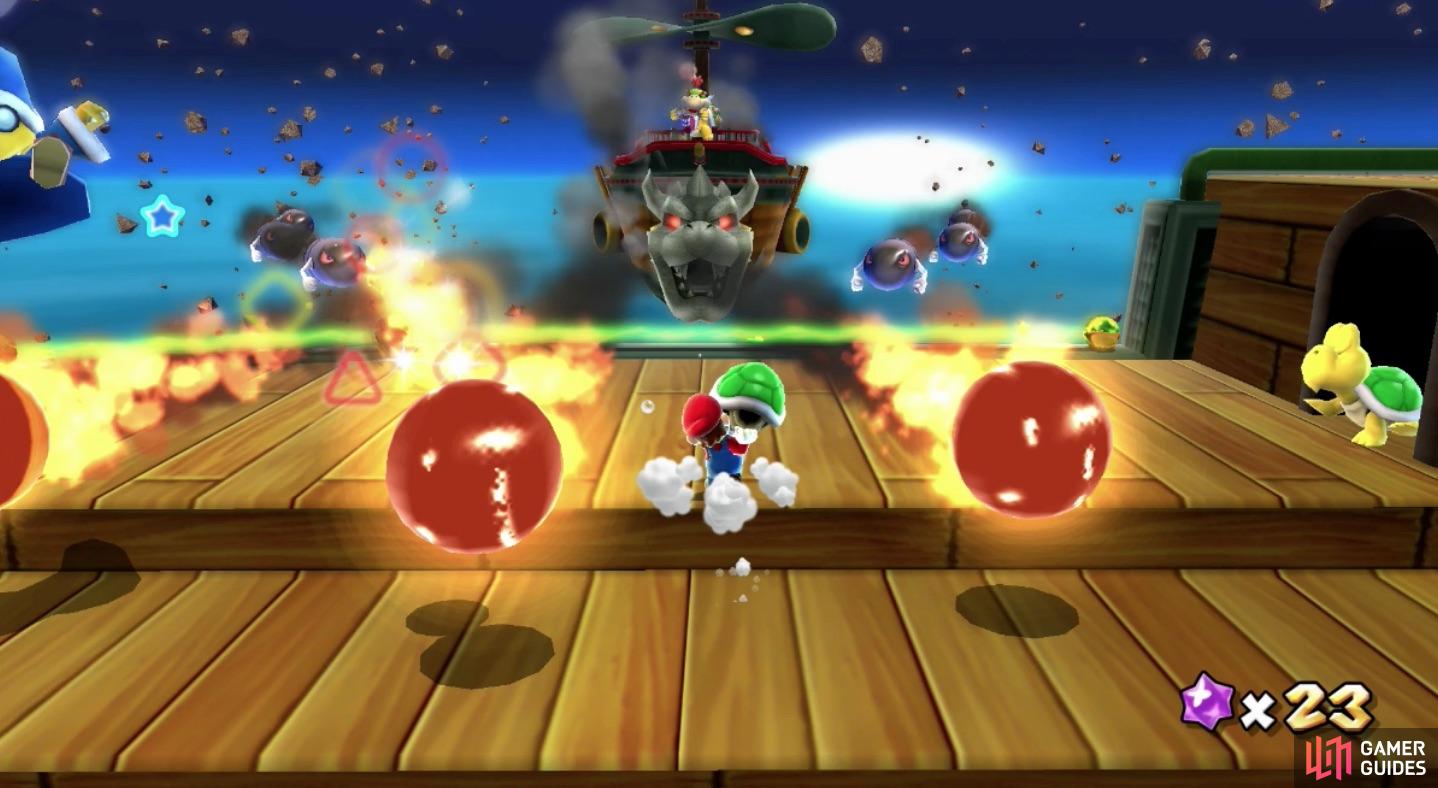 It may seem difficult with all these projectiles coming at you, but you only need to hit Bowser Jr.'s Airship one more time!