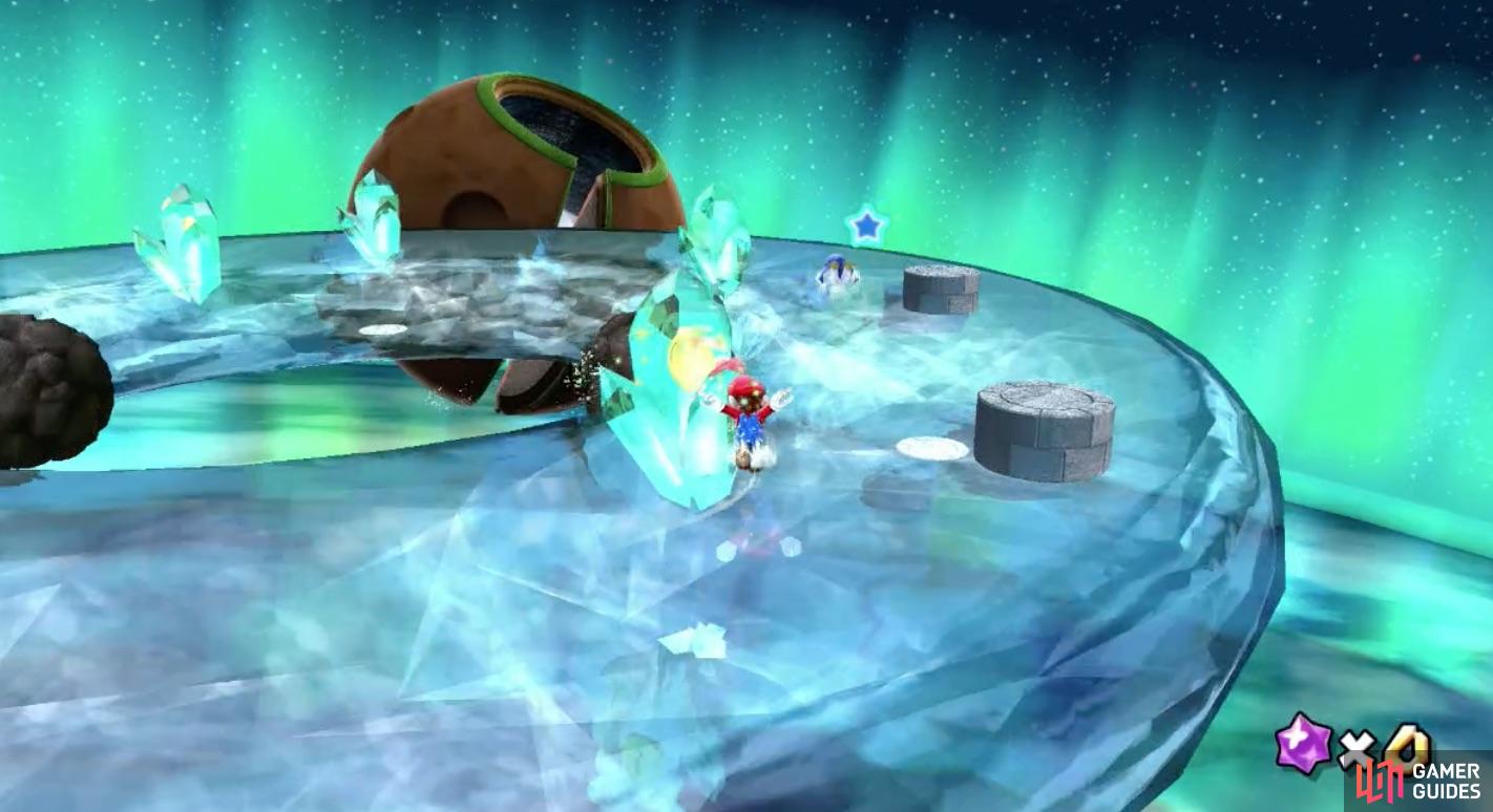Mario is a natural skater on ice and should be able to catch the penguin with ease.