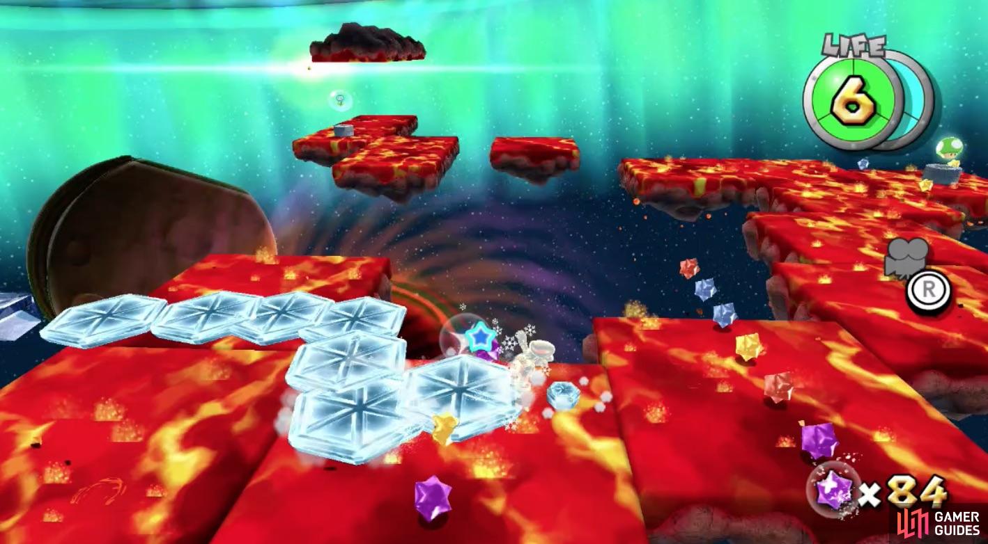 As Ice Mario you can skate on the lava without being damaged!