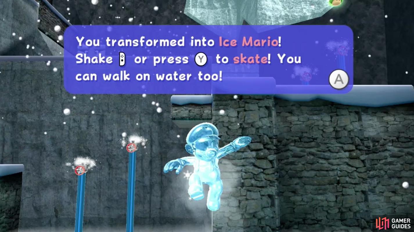 Ice Mario can walk on almost any surface and skate on the ice platforms he creates!