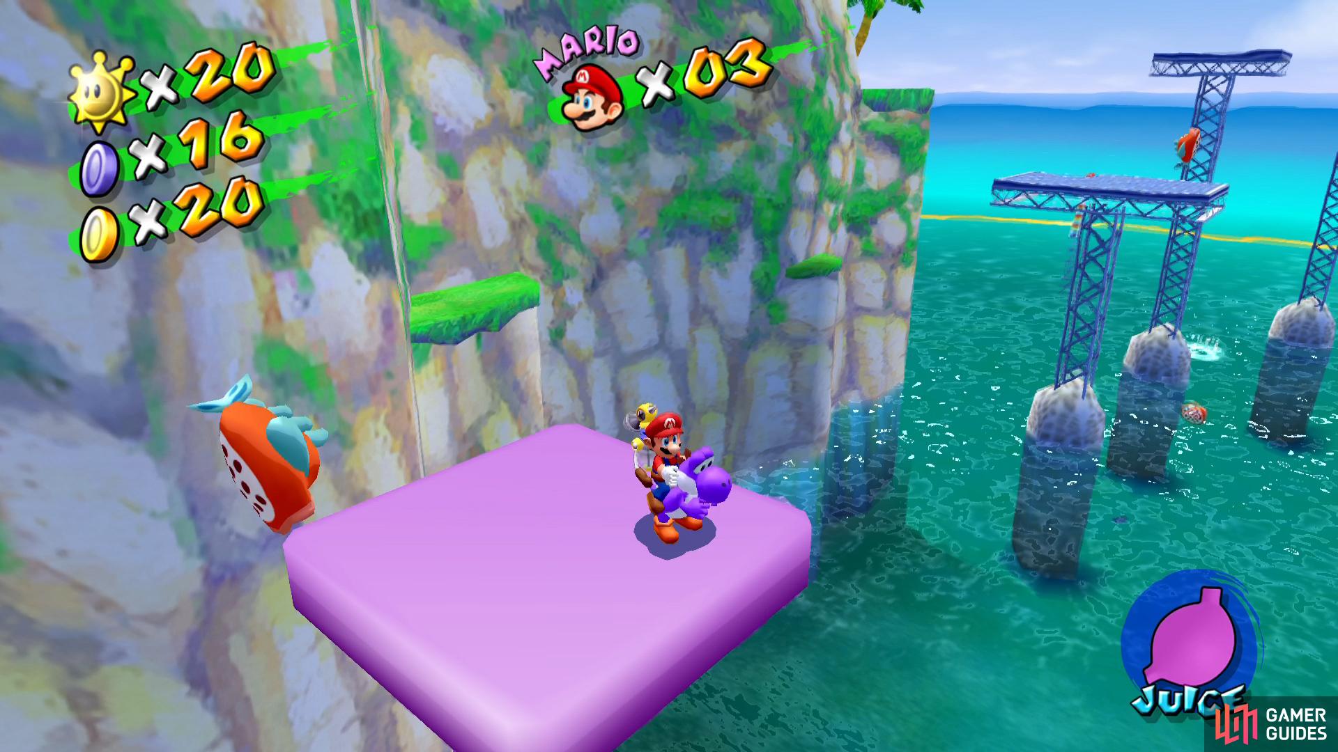 then use Yoshi's Juice to create Purple horizontal moving platforms by shooting the fish.