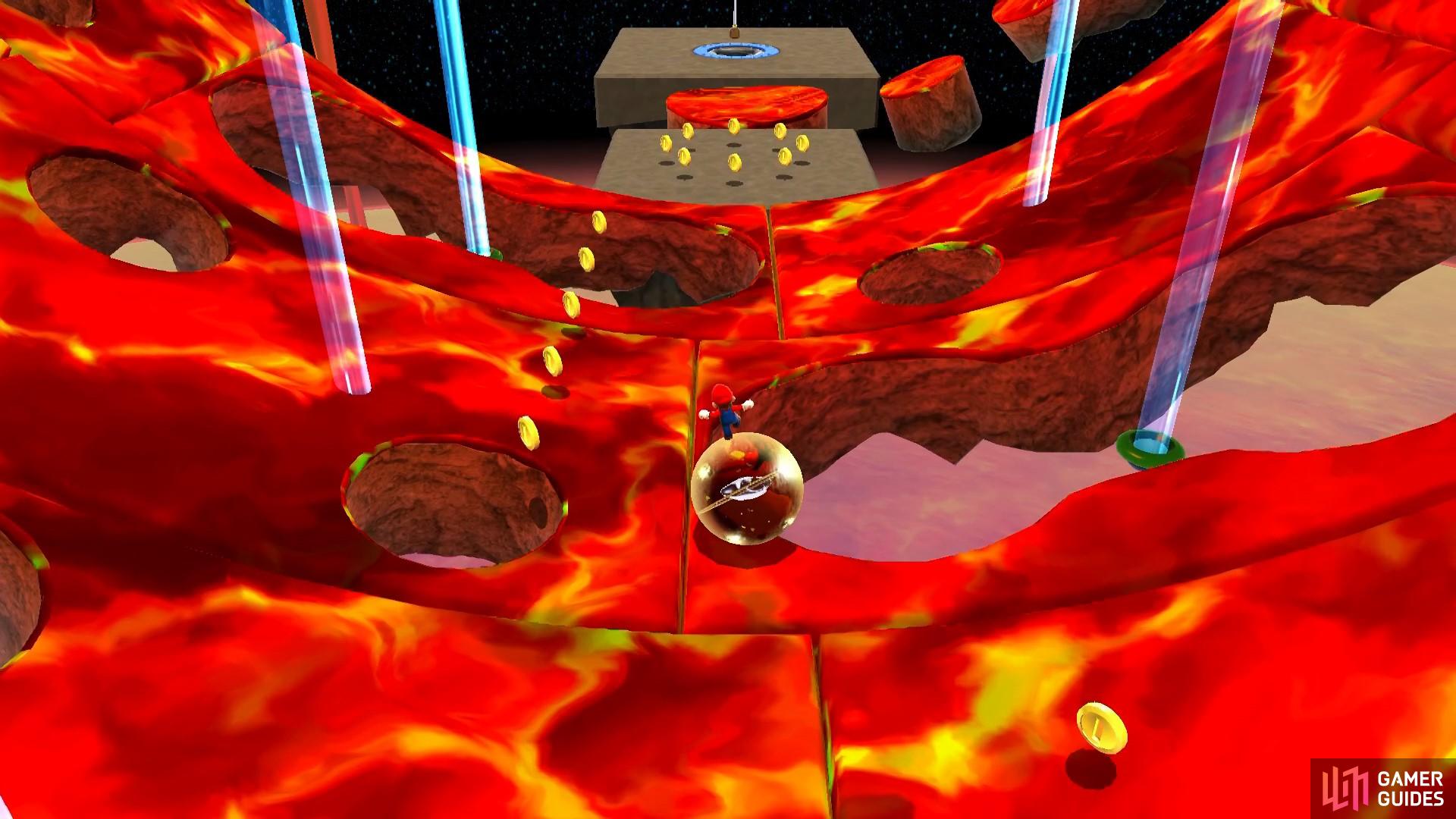 Carefully guide the Star Ball through the holes in the lava cylinder.