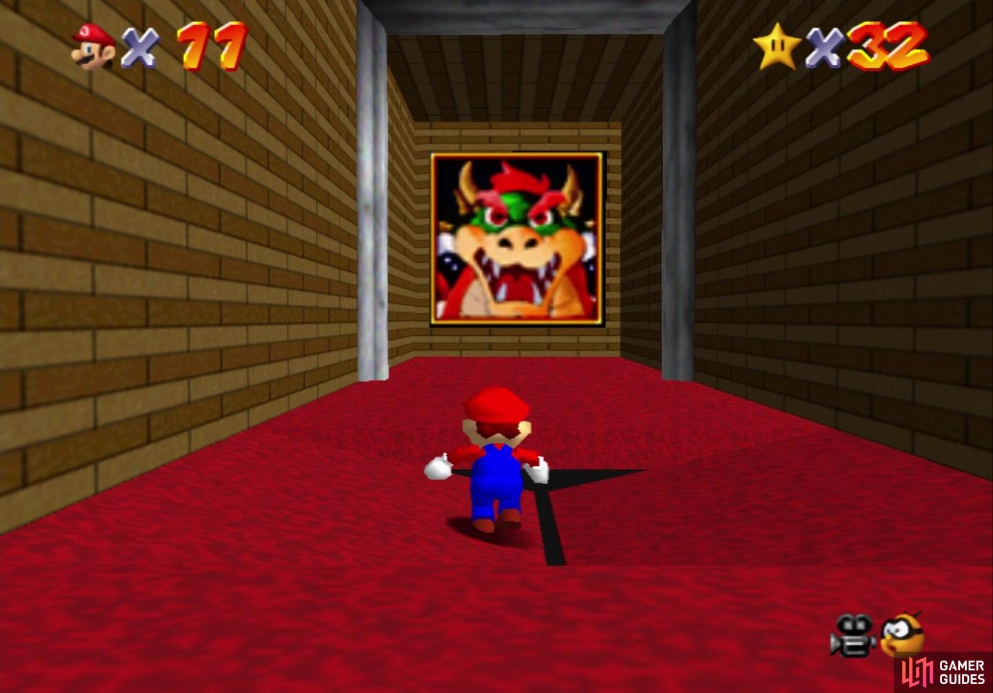 Before you reach the end of the hallway, a trap door will take you to Bowser's stage