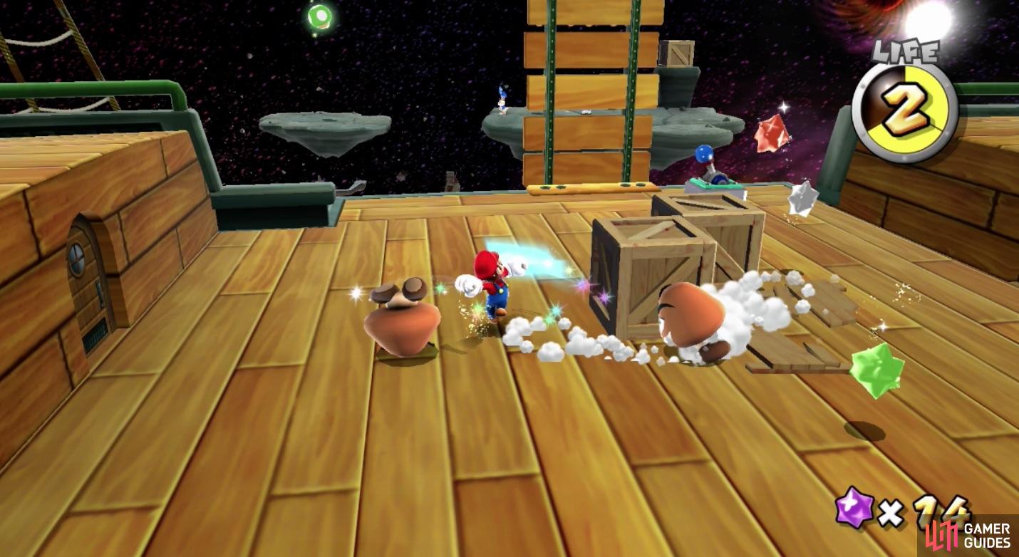 Hit that lever to get to the bunnies and be sure to get the 1-Up Mushroom first before using the Sling Star