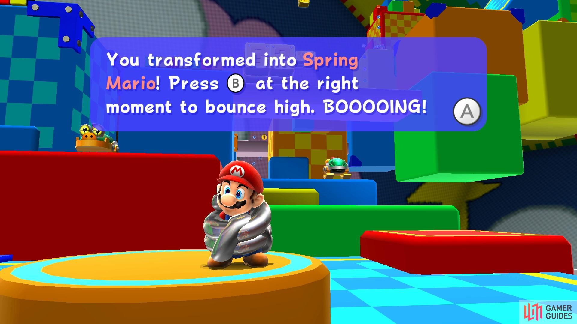 Spring Mario can jump really high but he's tricky to control.