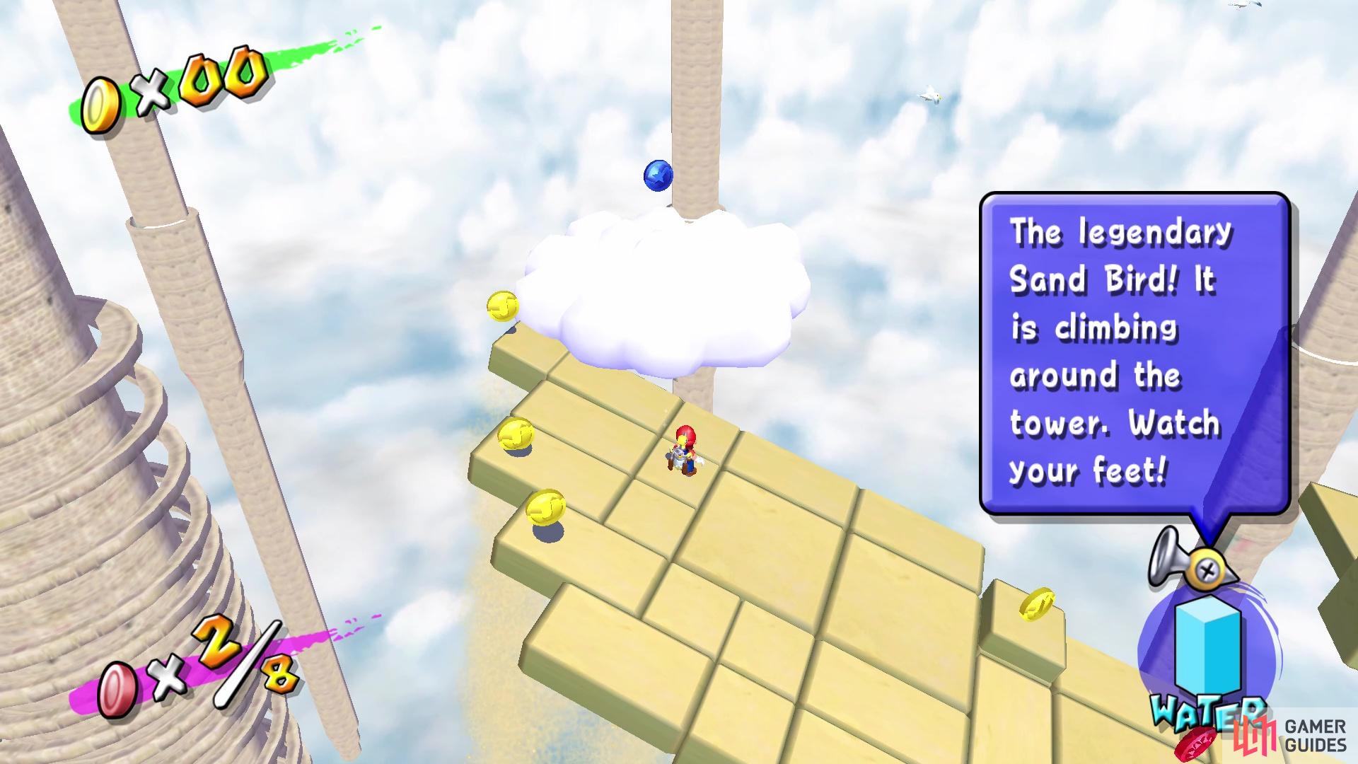 Four Blue Coins can be found on clouds in the area with the Sand Bird