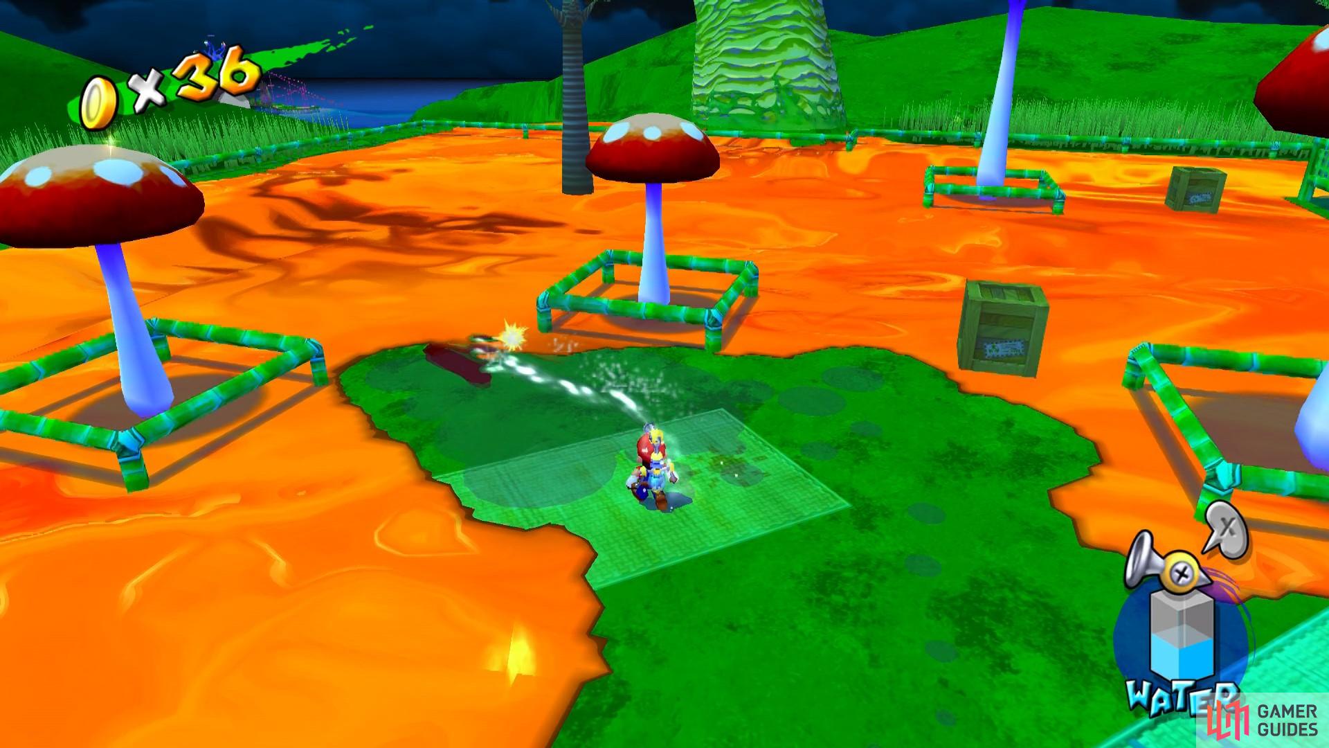Then, you can spray down the goop near the two small toadstools by the bridge to reveal a graffiti M that gives you Blue Coin #16. 