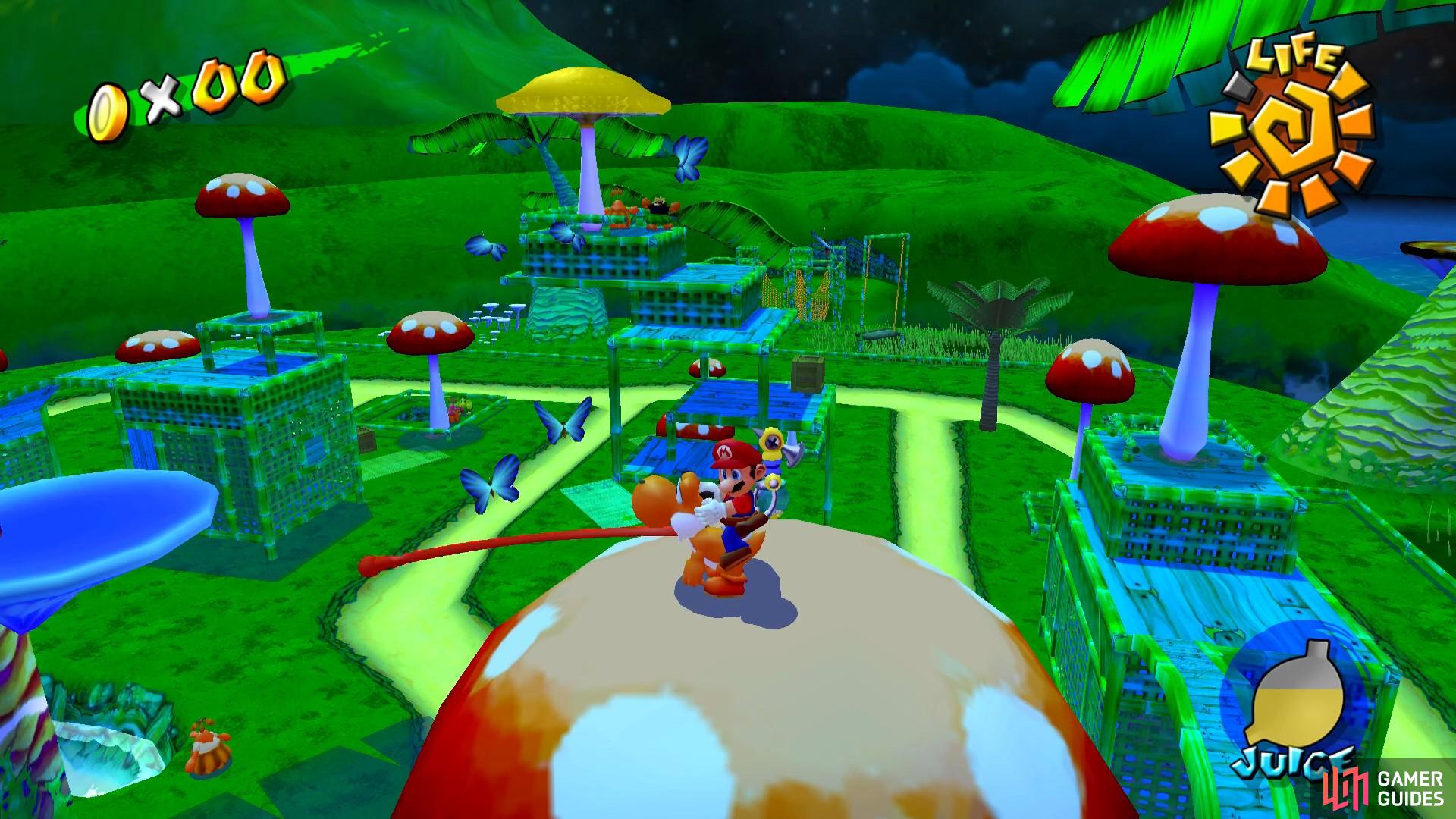 Hop up onto the fruit tree, then onto the toadstool nearby to get Yoshi to eat all of the blue butterflies and spawn in Blue Coin #19.