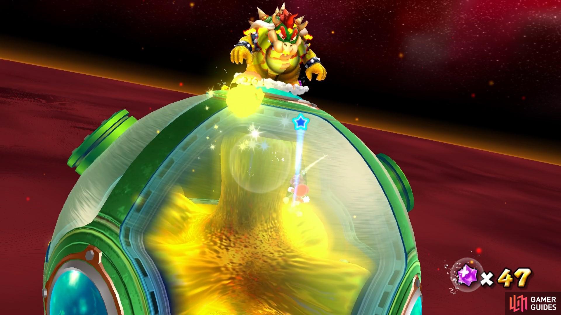 In this image, Bowser is spitting out fire balls