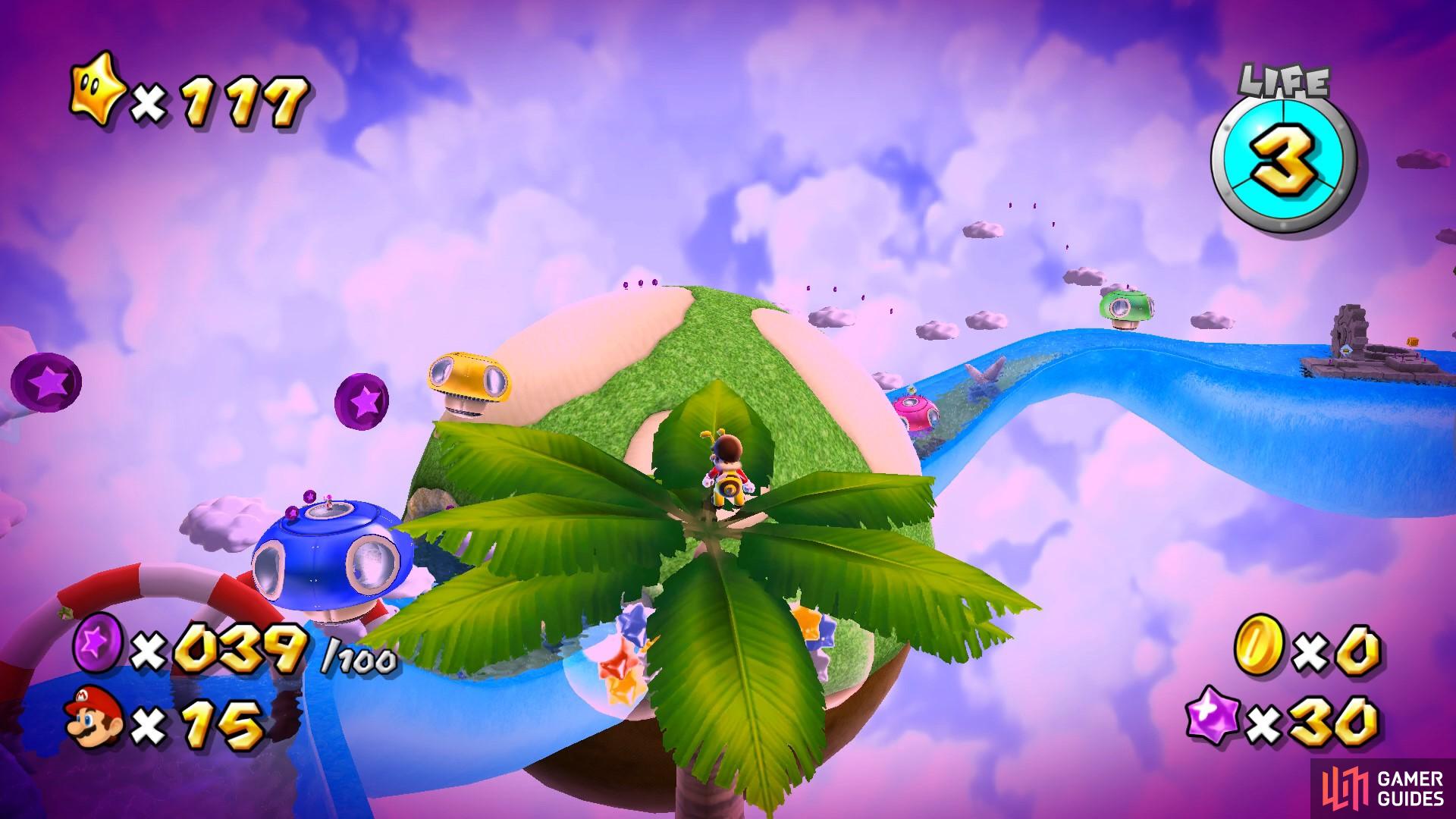This level involves a lot of flying between clouds and palm trees.