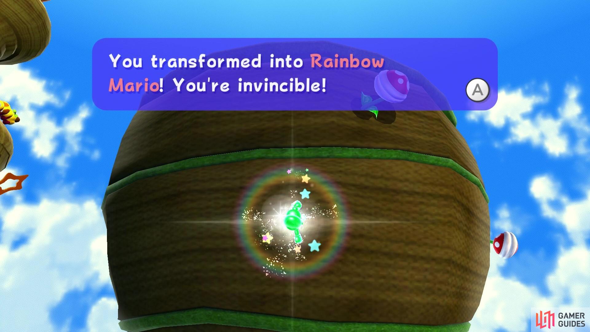Rainbow Mario is invincible (for a short time)!