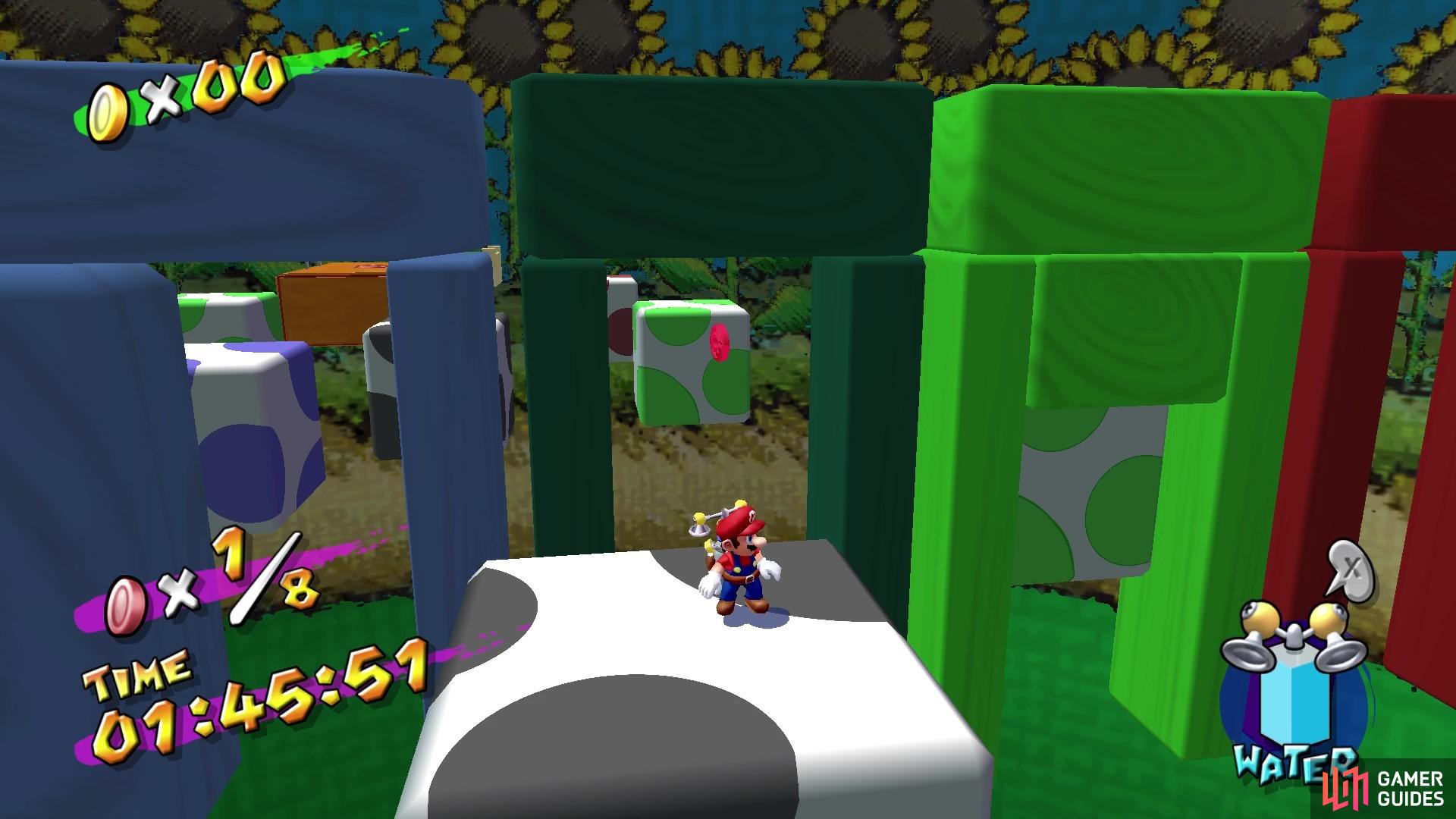 Use the different colored yoshi blocks to take you to the red coins.