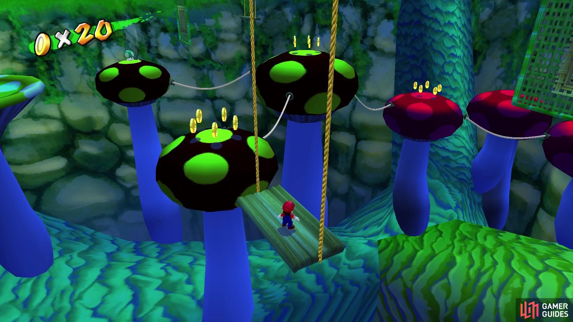You'll need to jump across the toadstools using the ropes