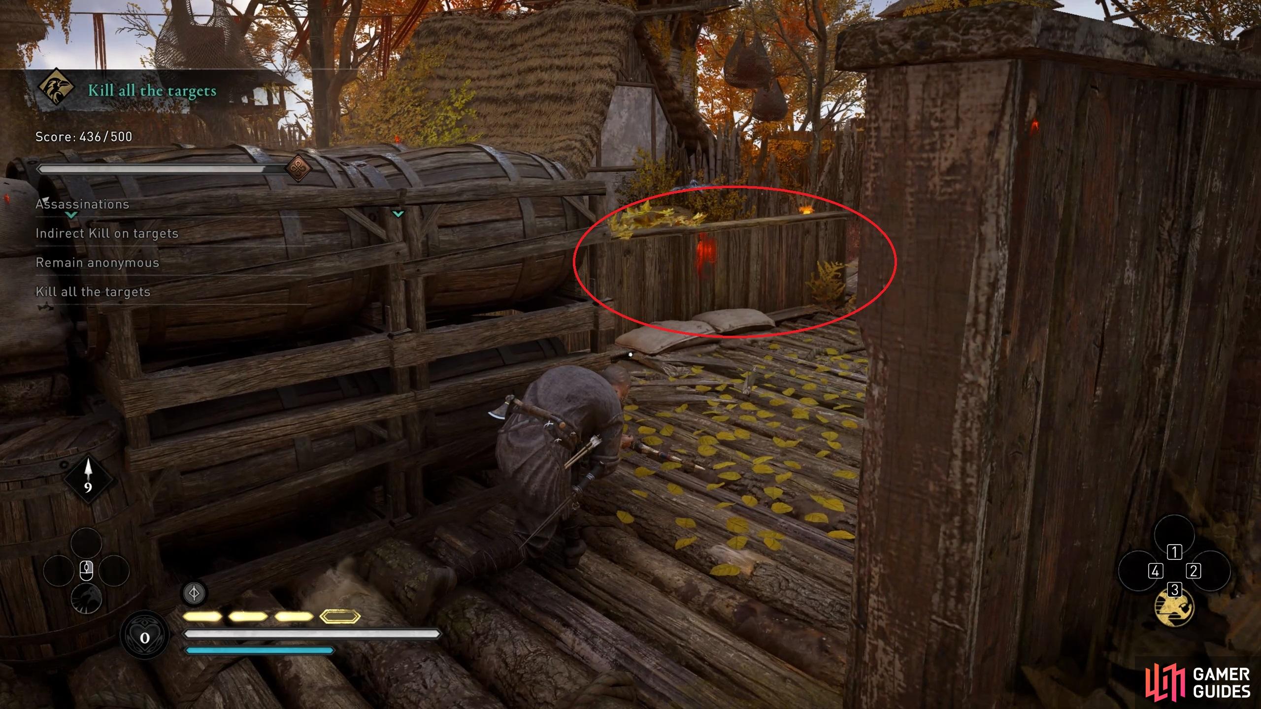 Enemies can sometimes see beyond these wooden walls on the battlements, so use other objects to hide from their view or use Raven Distraction to stun them before you move.