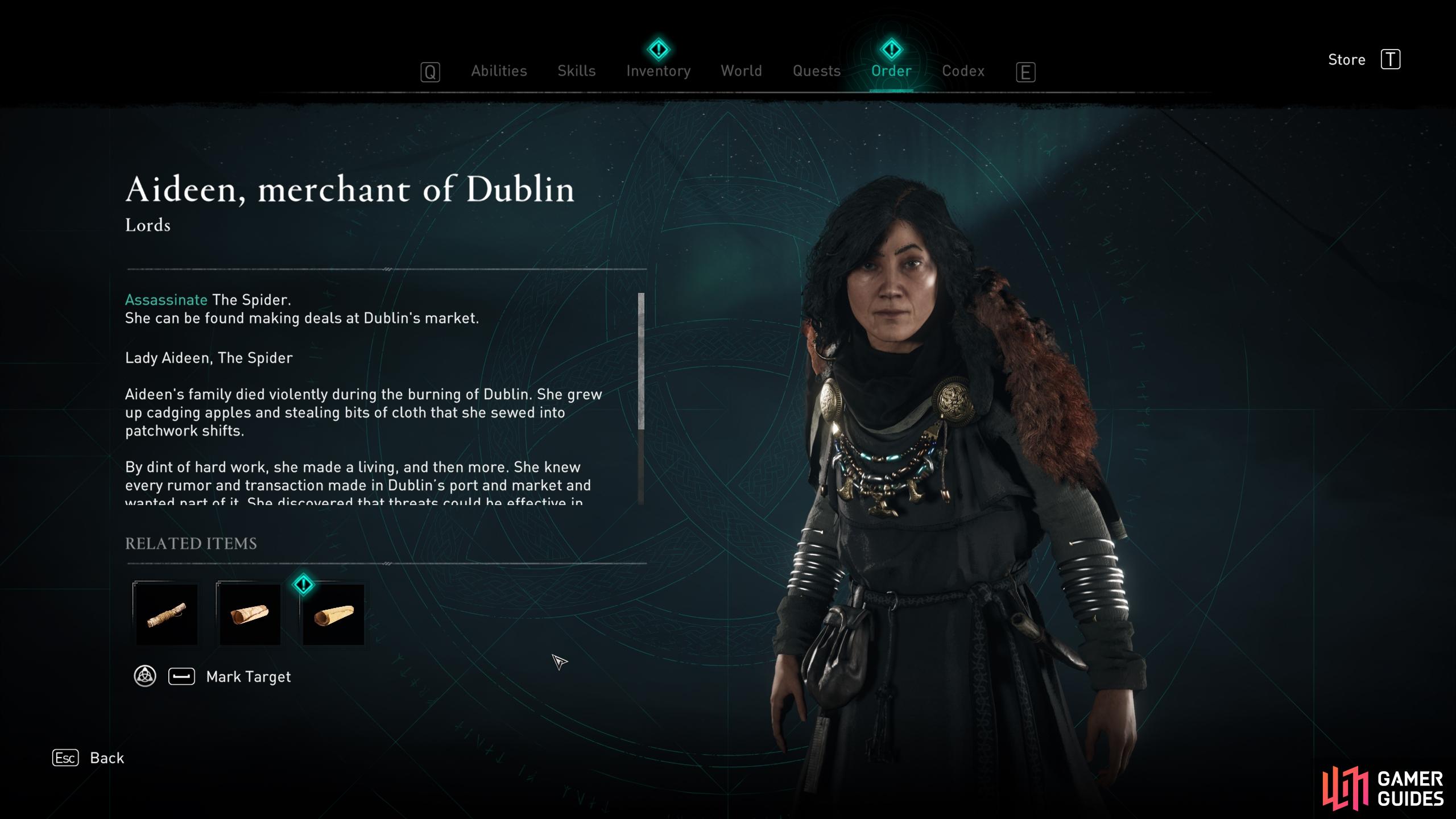 Once you've picked up the clue from the bench, The Spider will be revealed as Aideen, merchant of Dublin.
