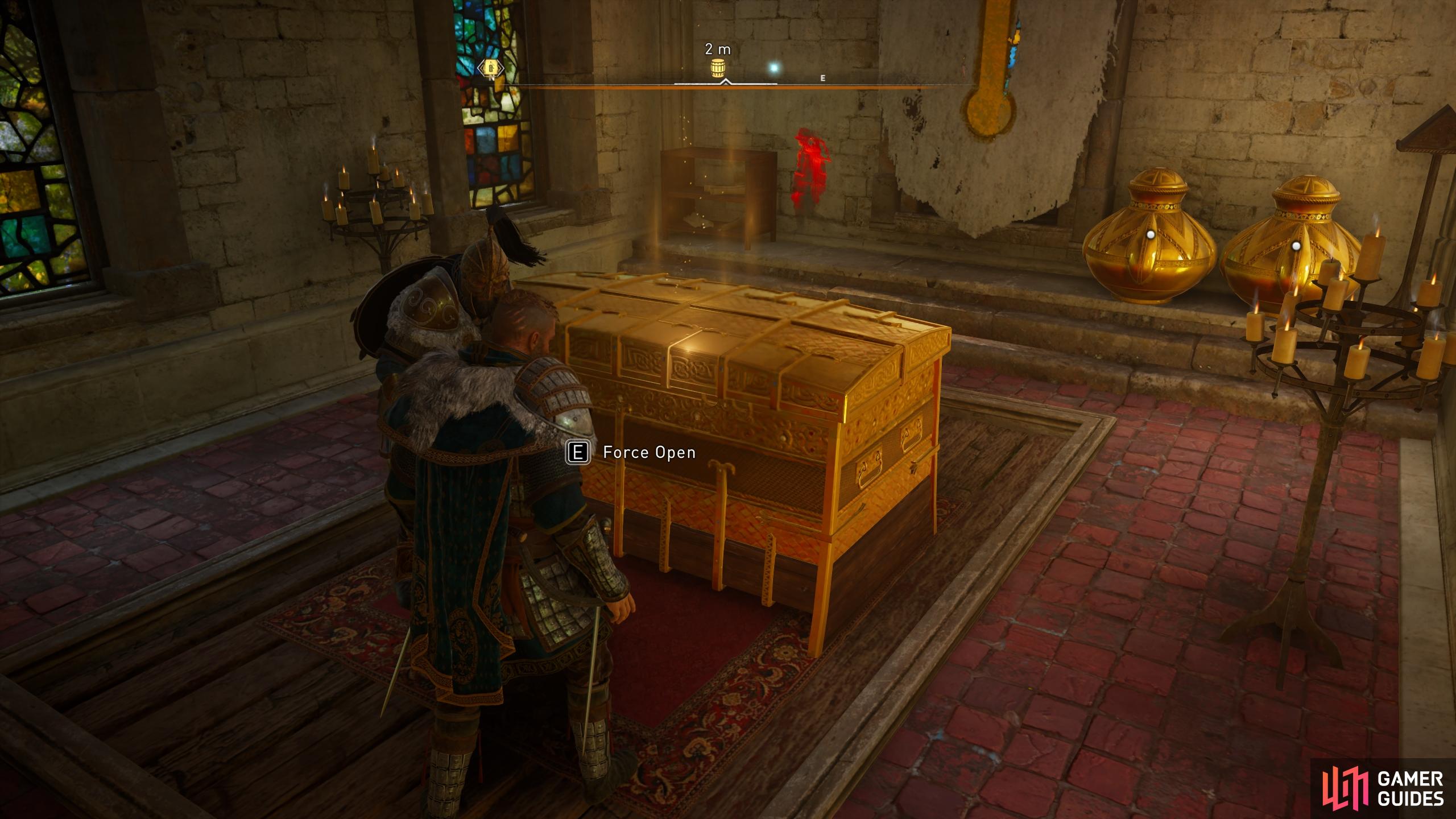 You'll find the chest behind the altar within the church.