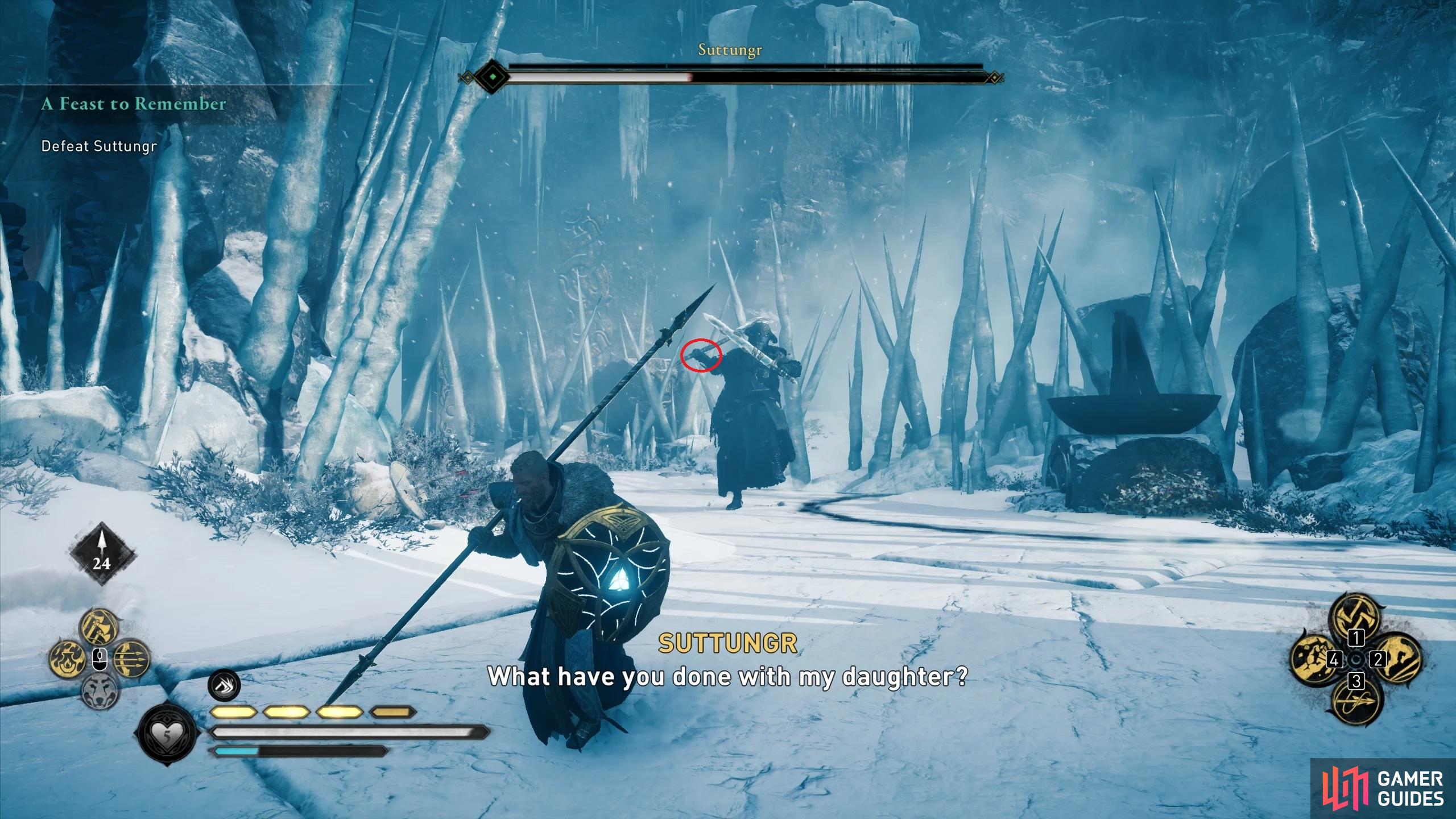 The only indication of when Suttungr will throw an ice projectile is from seeing his right arm raised.