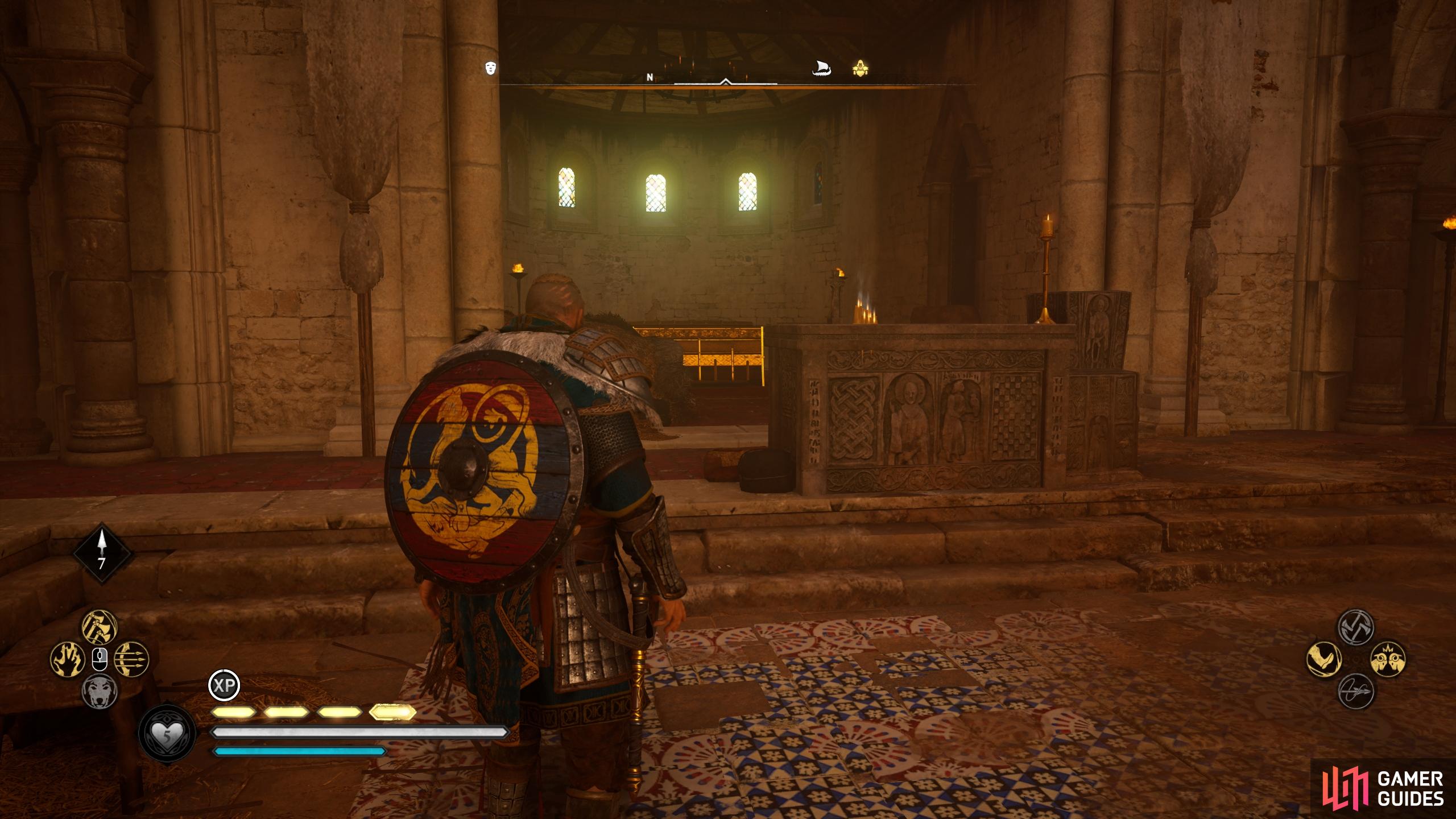 Youll find the first chest behind the altar in the abbey.