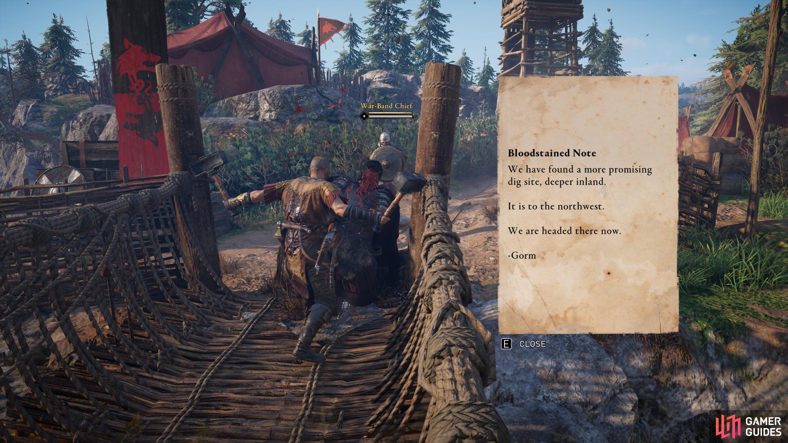 Killing the War-Band Chief at Brúhamarr Outpost will provide you with the Bloodstained Note, indicating the location of Gorm.