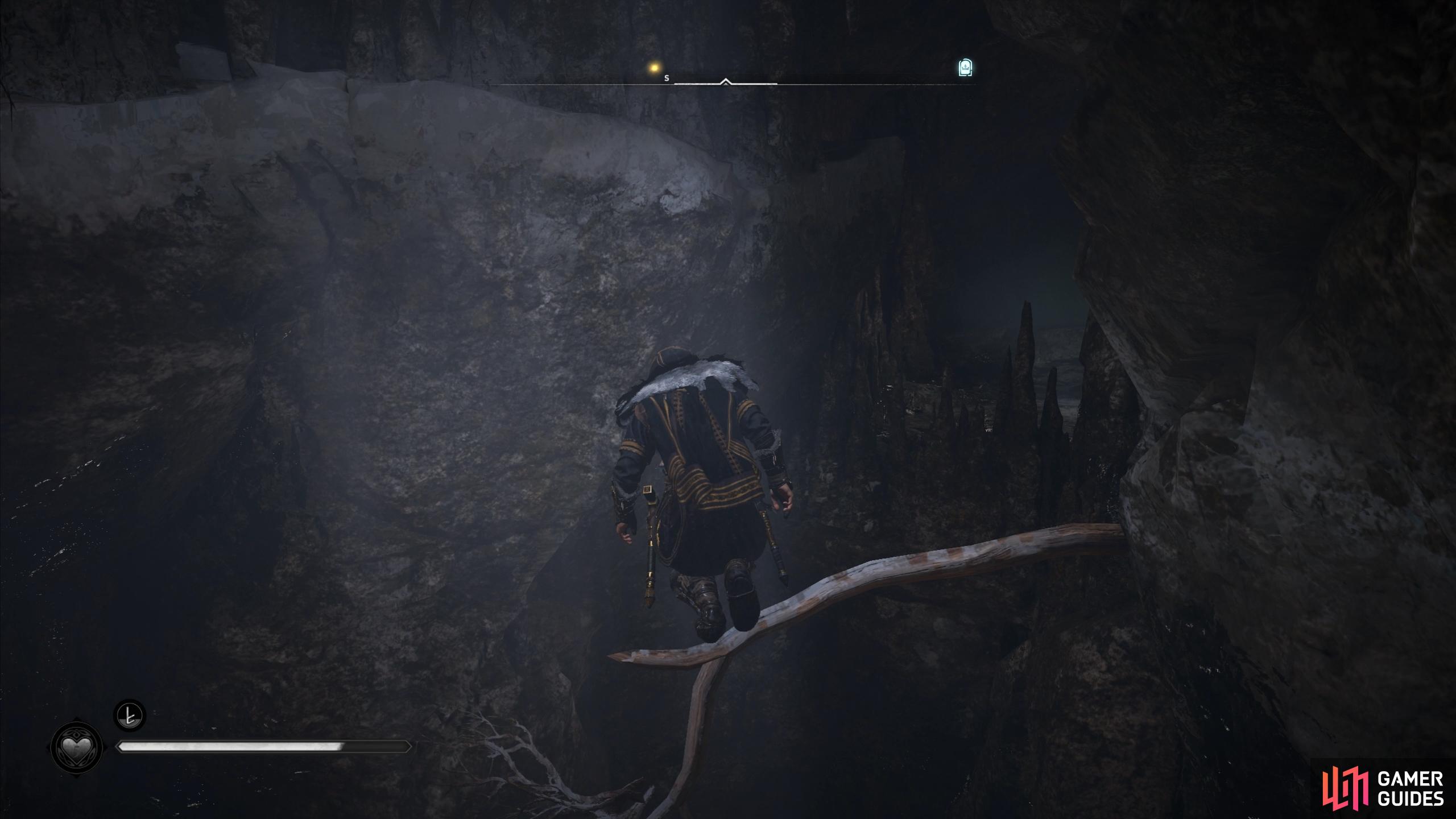 Youll need to jump to the branch jutting out of the rock to reach the other side of the cavern.