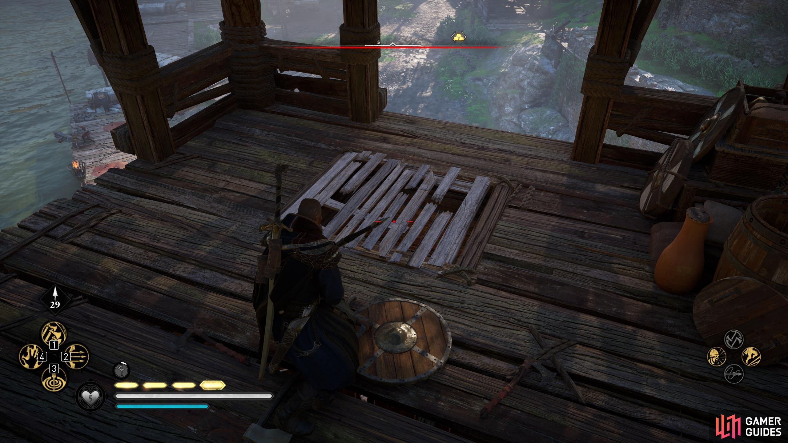 At the top of the tower, break the wooden floor to climb tot he bottom.